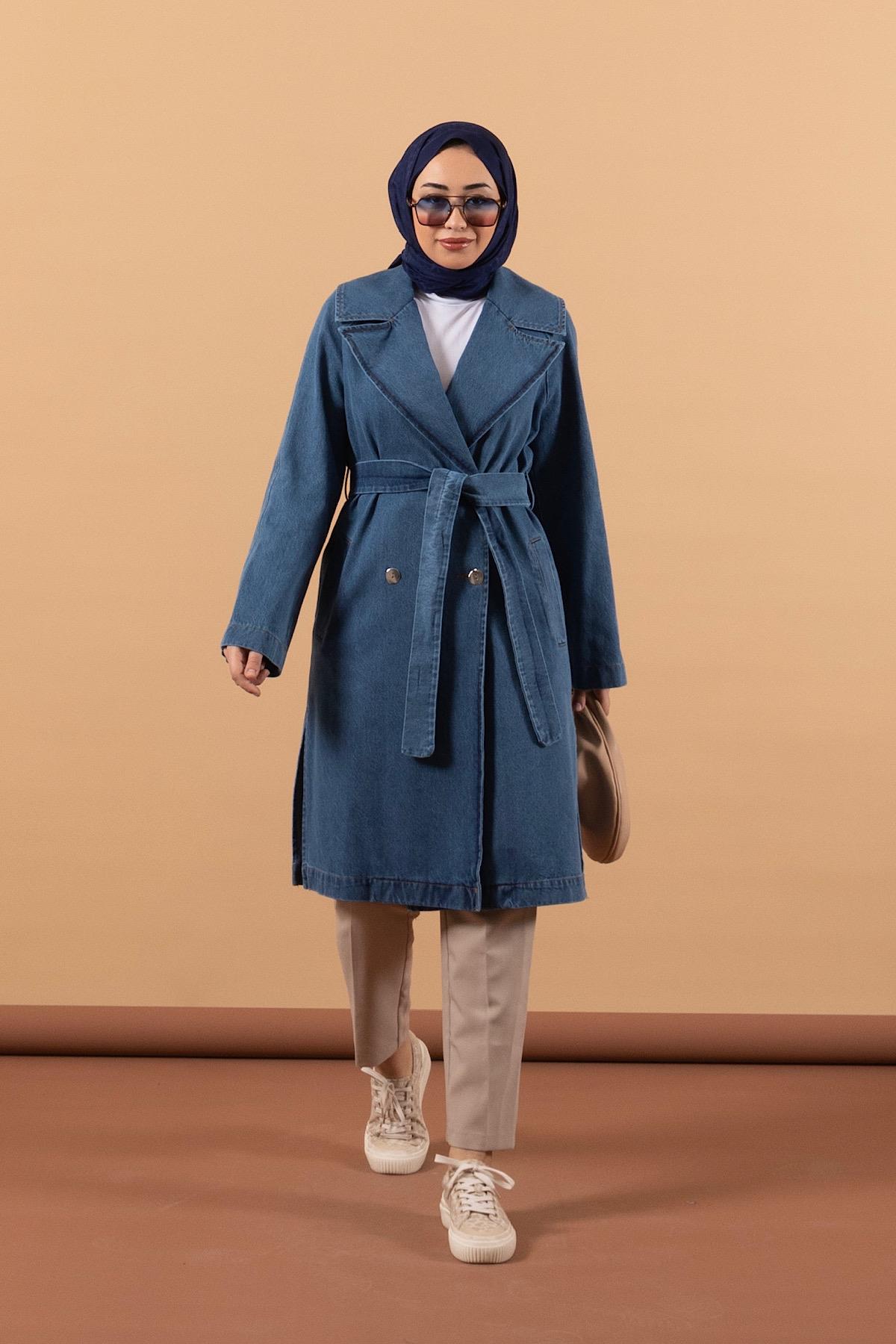 Geniş Yaka Denim Kap Mavi