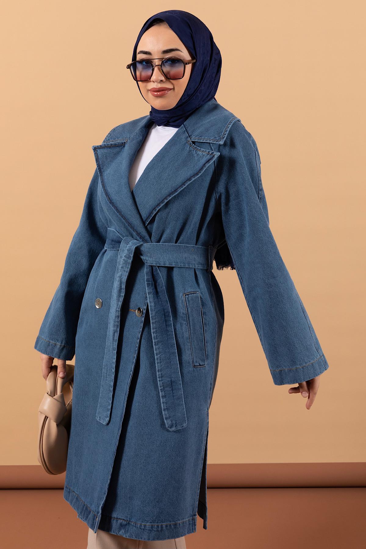 Geniş Yaka Denim Kap Mavi