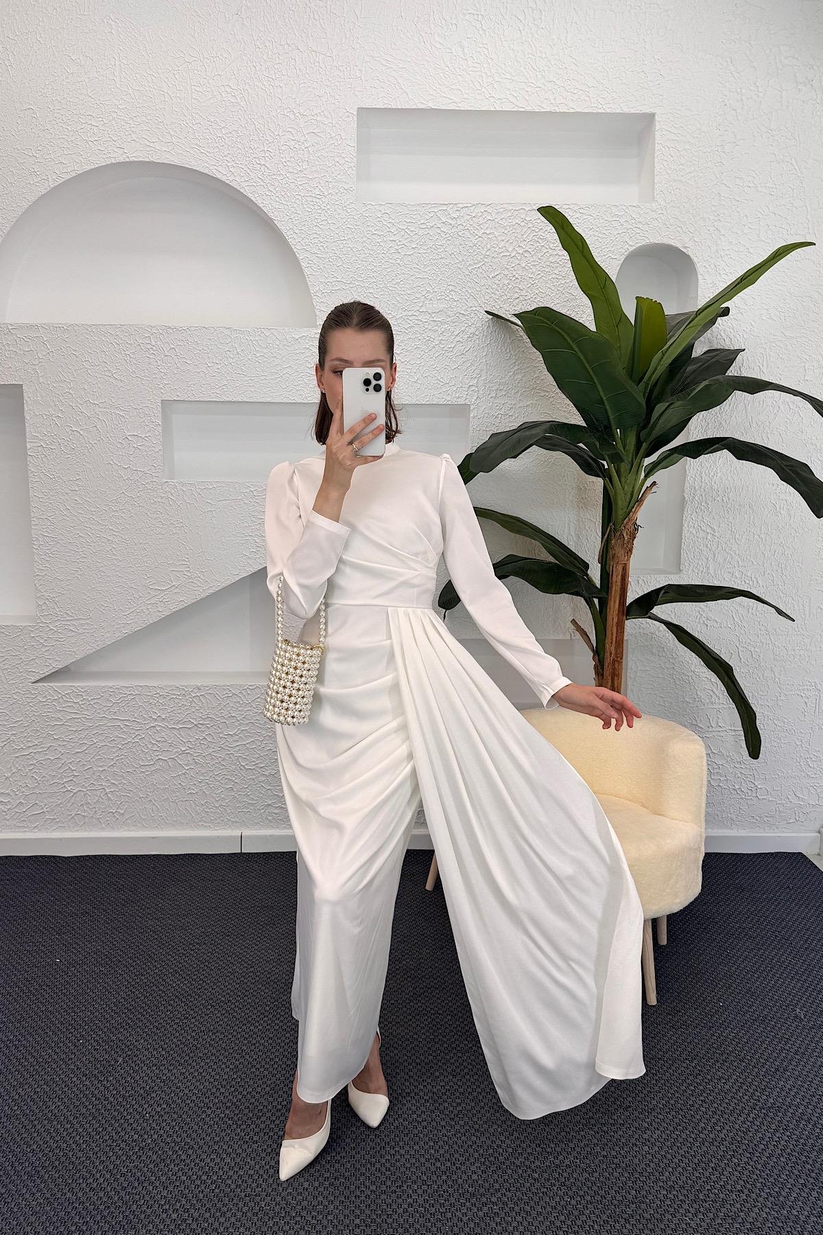 Göğüs Drapeli Saten Abiye Beyaz