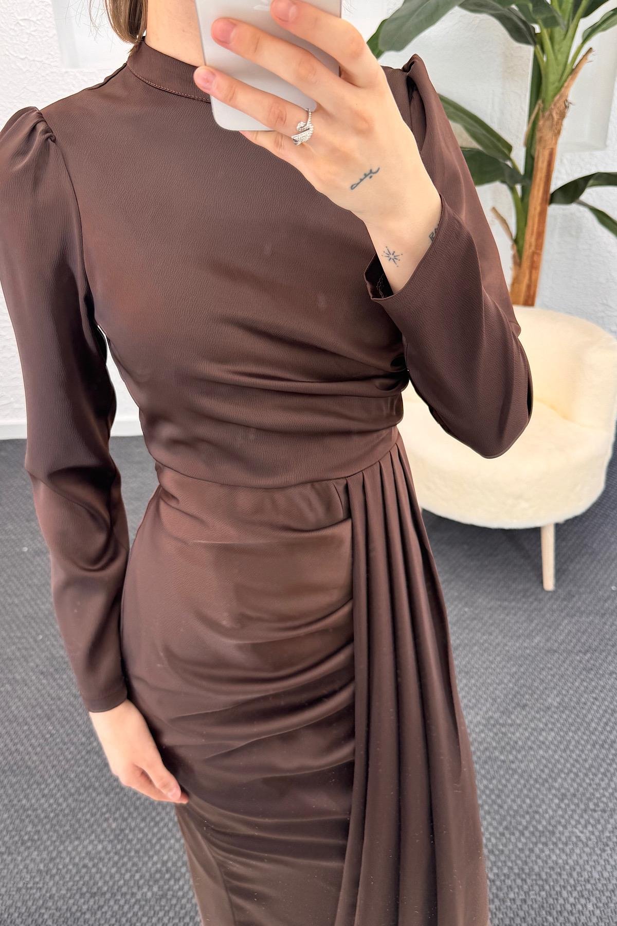Göğüs Drapeli Saten Abiye Kahverengi