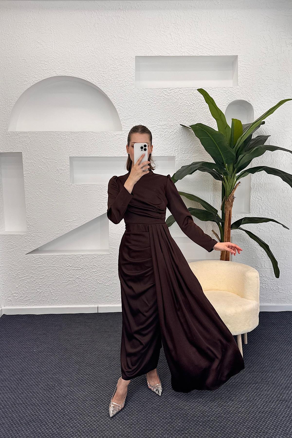 Göğüs Drapeli Saten Abiye Kahverengi