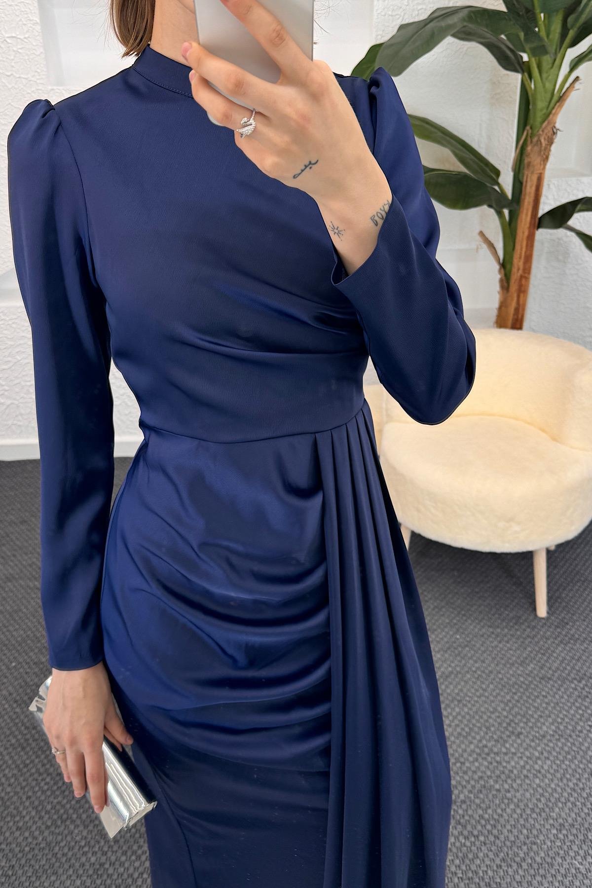 Göğüs Drapeli Saten Abiye Lacivert