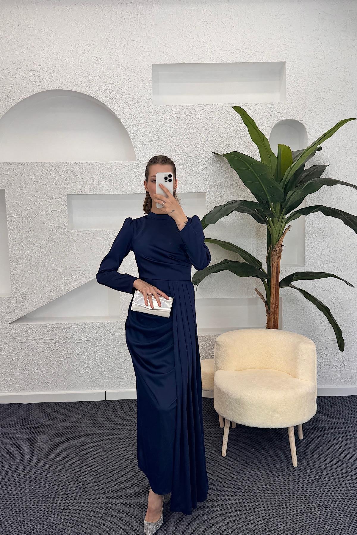 Göğüs Drapeli Saten Abiye Lacivert