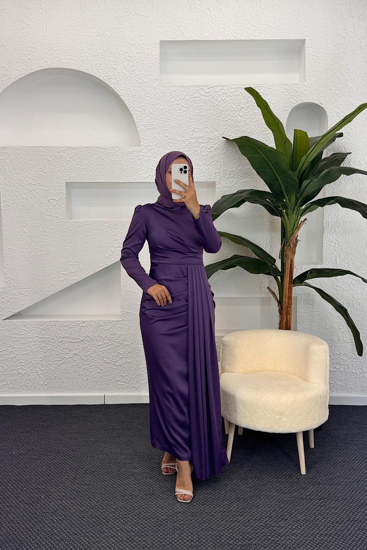 Göğüs Drapeli Saten Abiye Mor