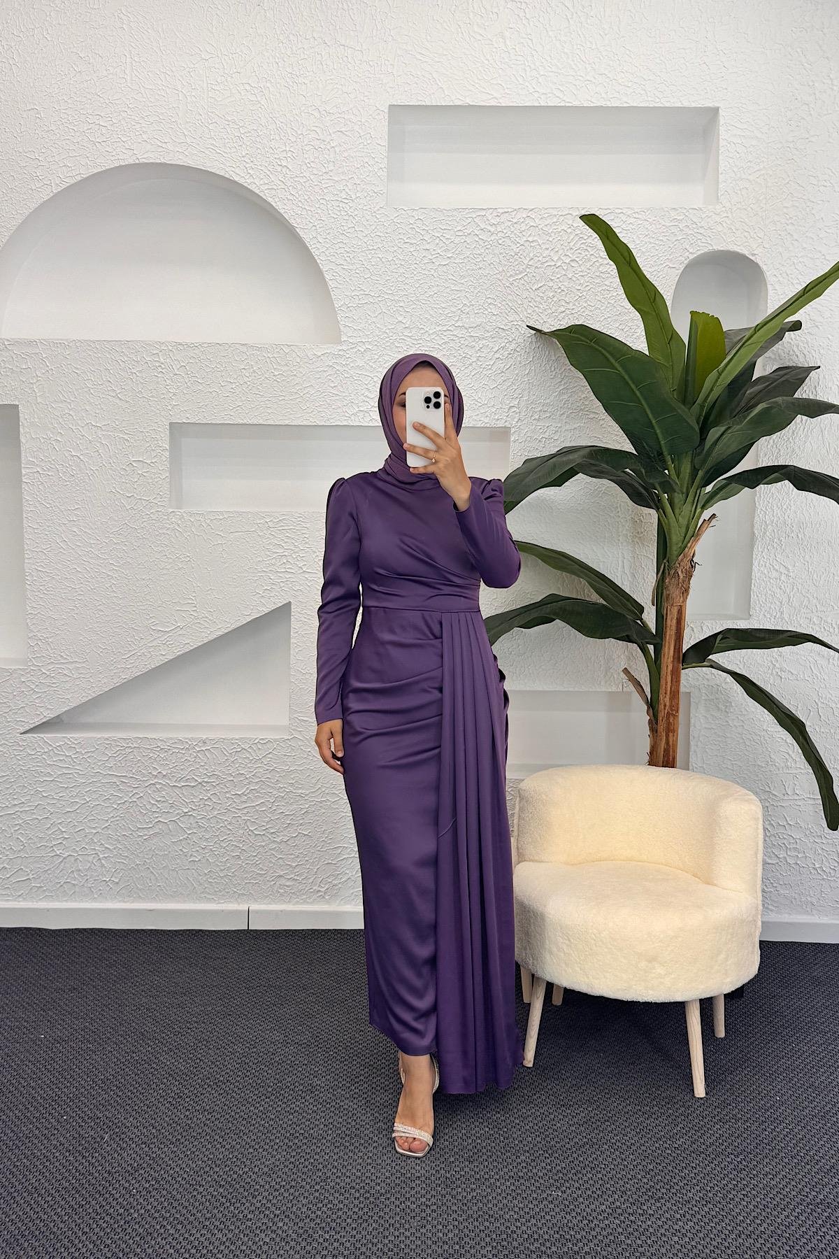 Göğüs Drapeli Saten Abiye Mor