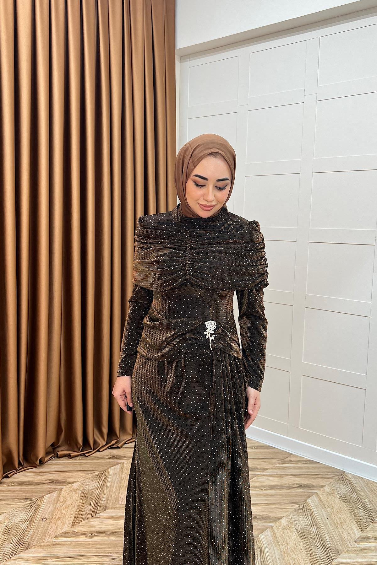 Helena Çiçek Taşlı Abiye Kahverengi