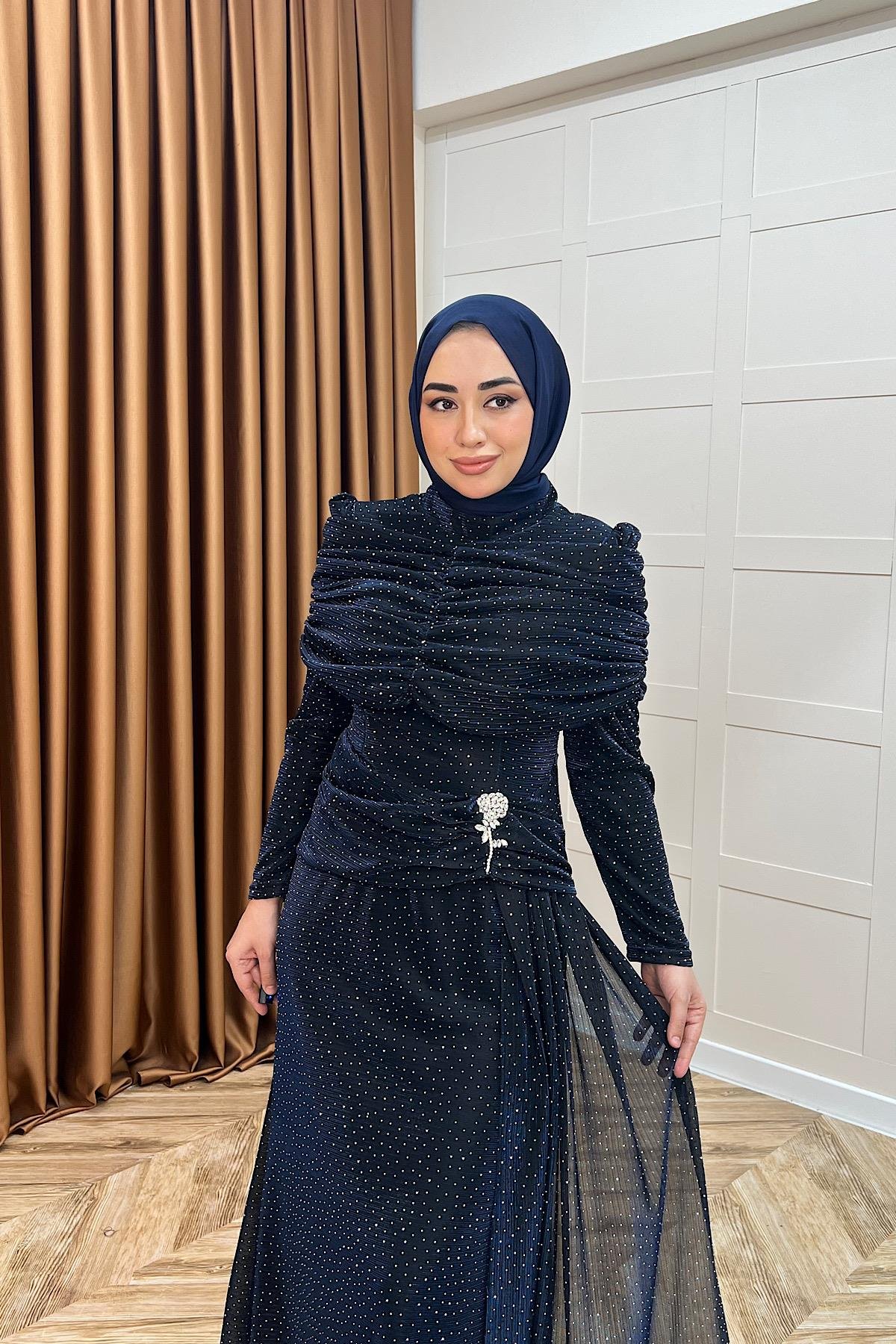 Helena Çiçek Taşlı Abiye Lacivert