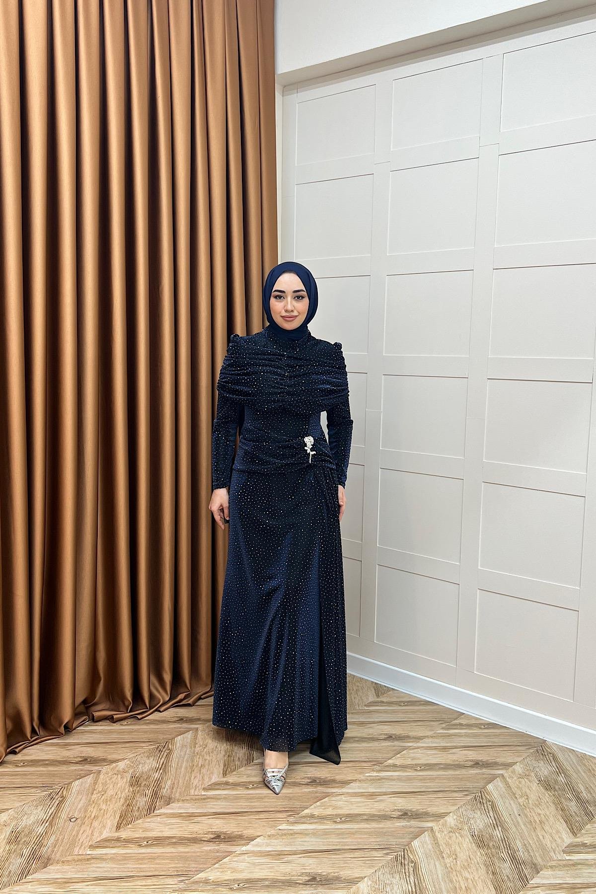 Helena Çiçek Taşlı Abiye Lacivert