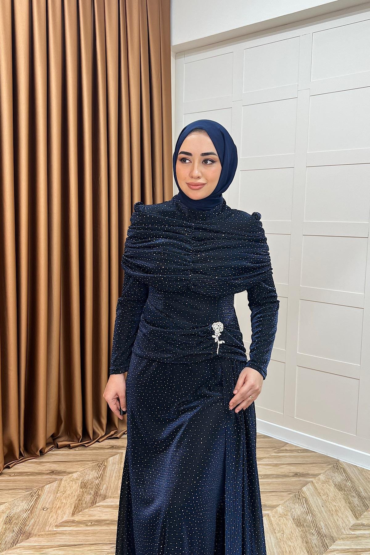 Helena Çiçek Taşlı Abiye Lacivert