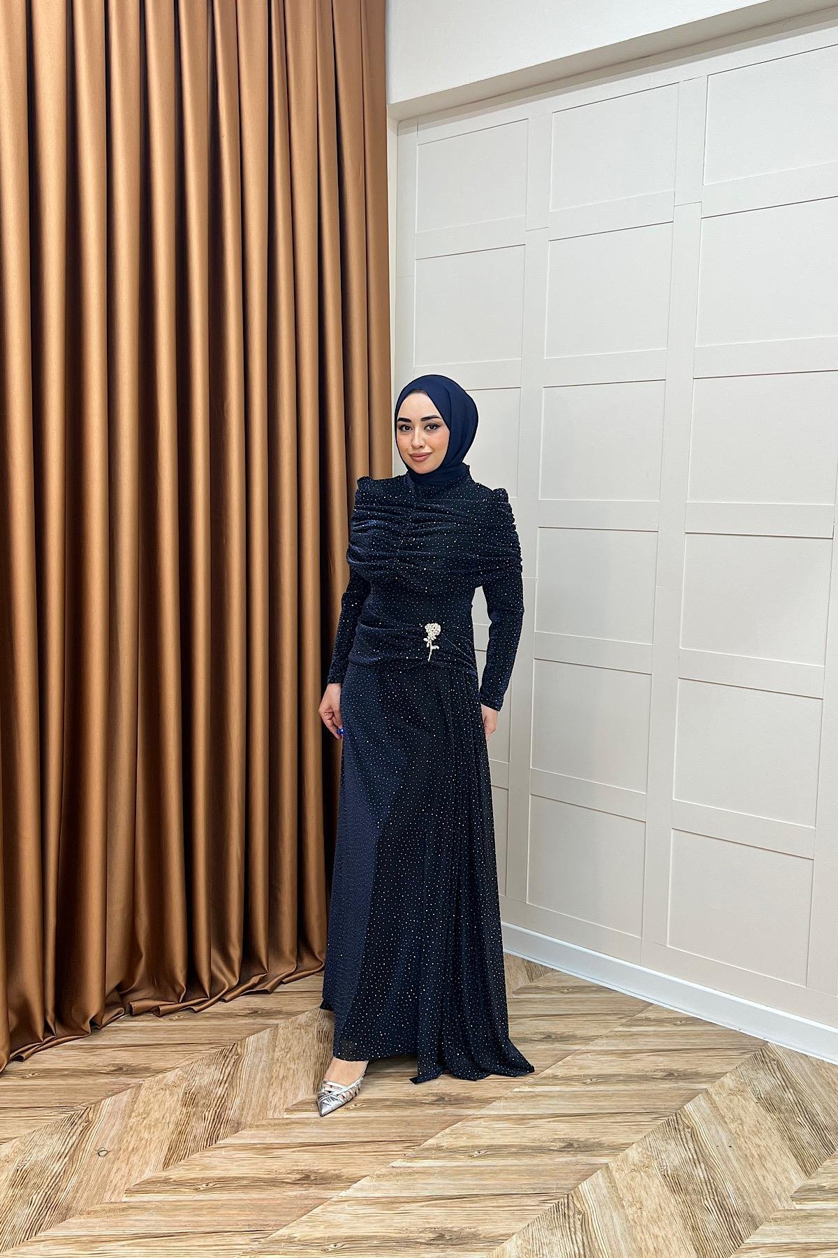 Helena Çiçek Taşlı Abiye Lacivert