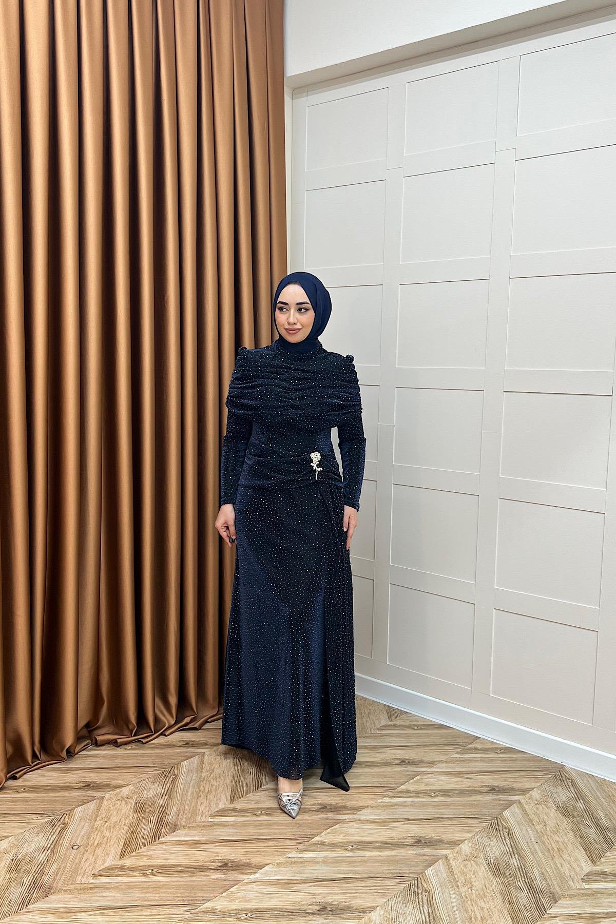 Helena Çiçek Taşlı Abiye Lacivert