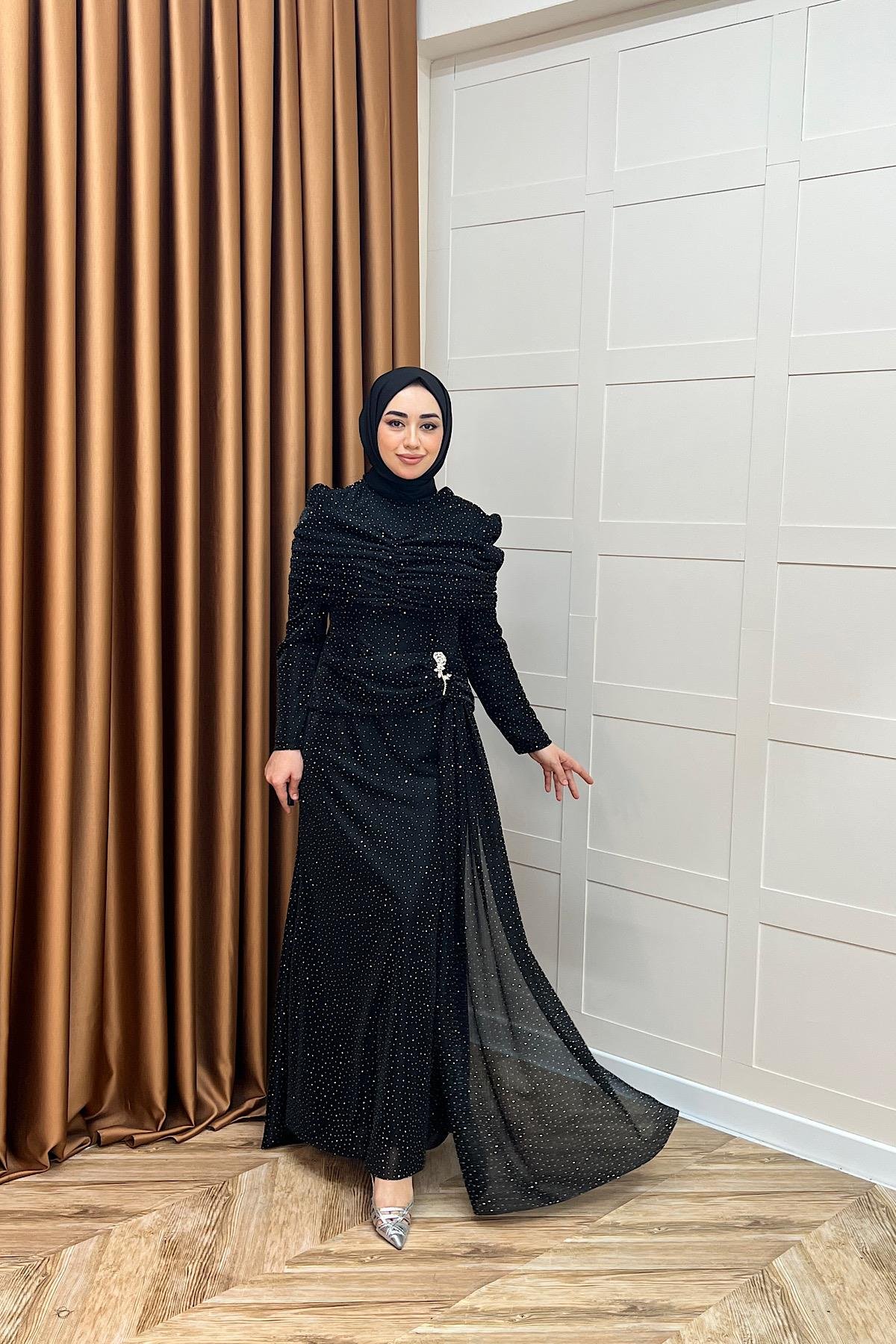 Helena Çiçek Taşlı Abiye Siyah