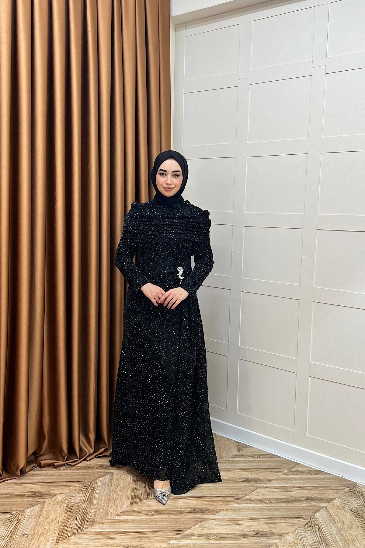 Helena Çiçek Taşlı Abiye Siyah
