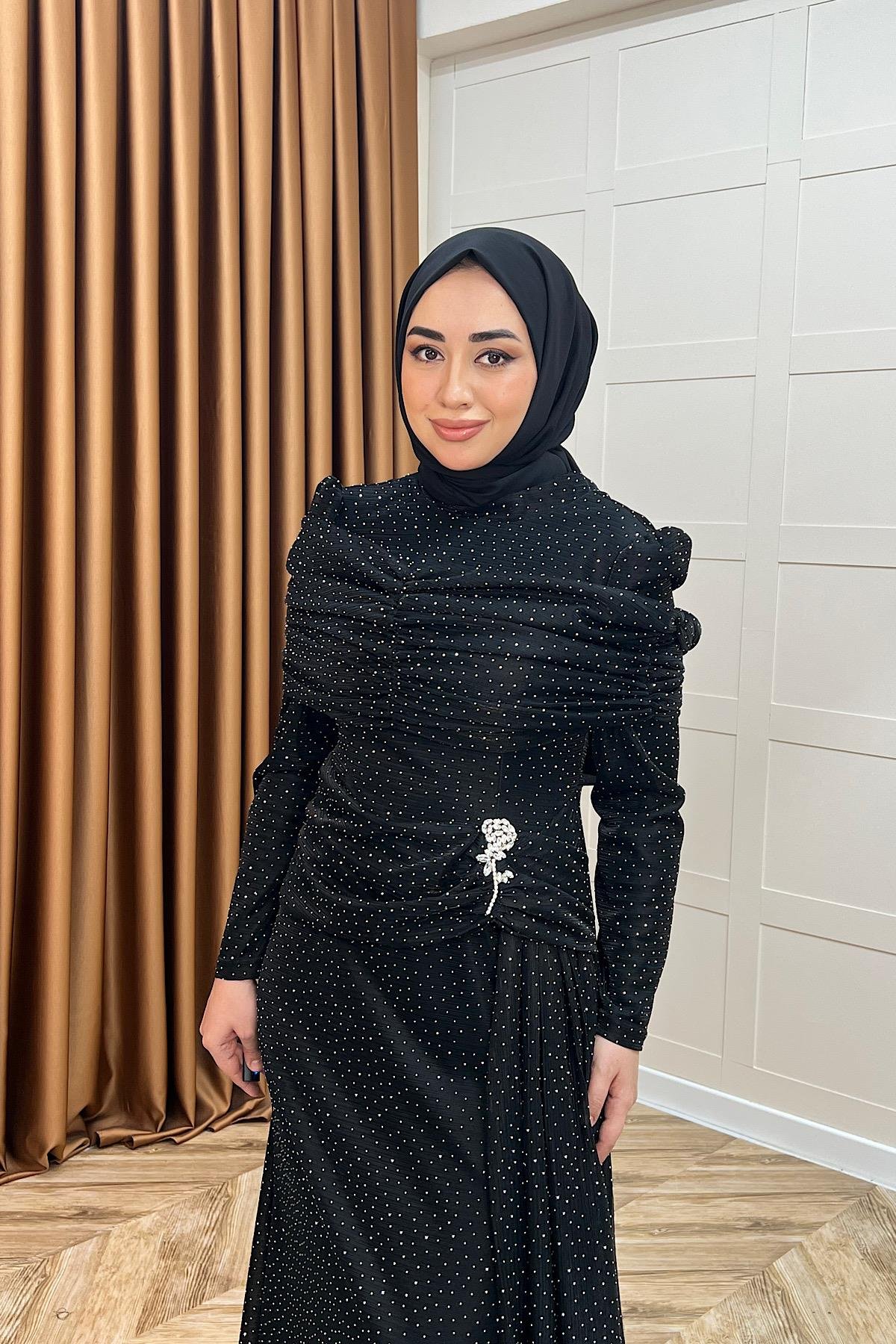 Helena Çiçek Taşlı Abiye Siyah