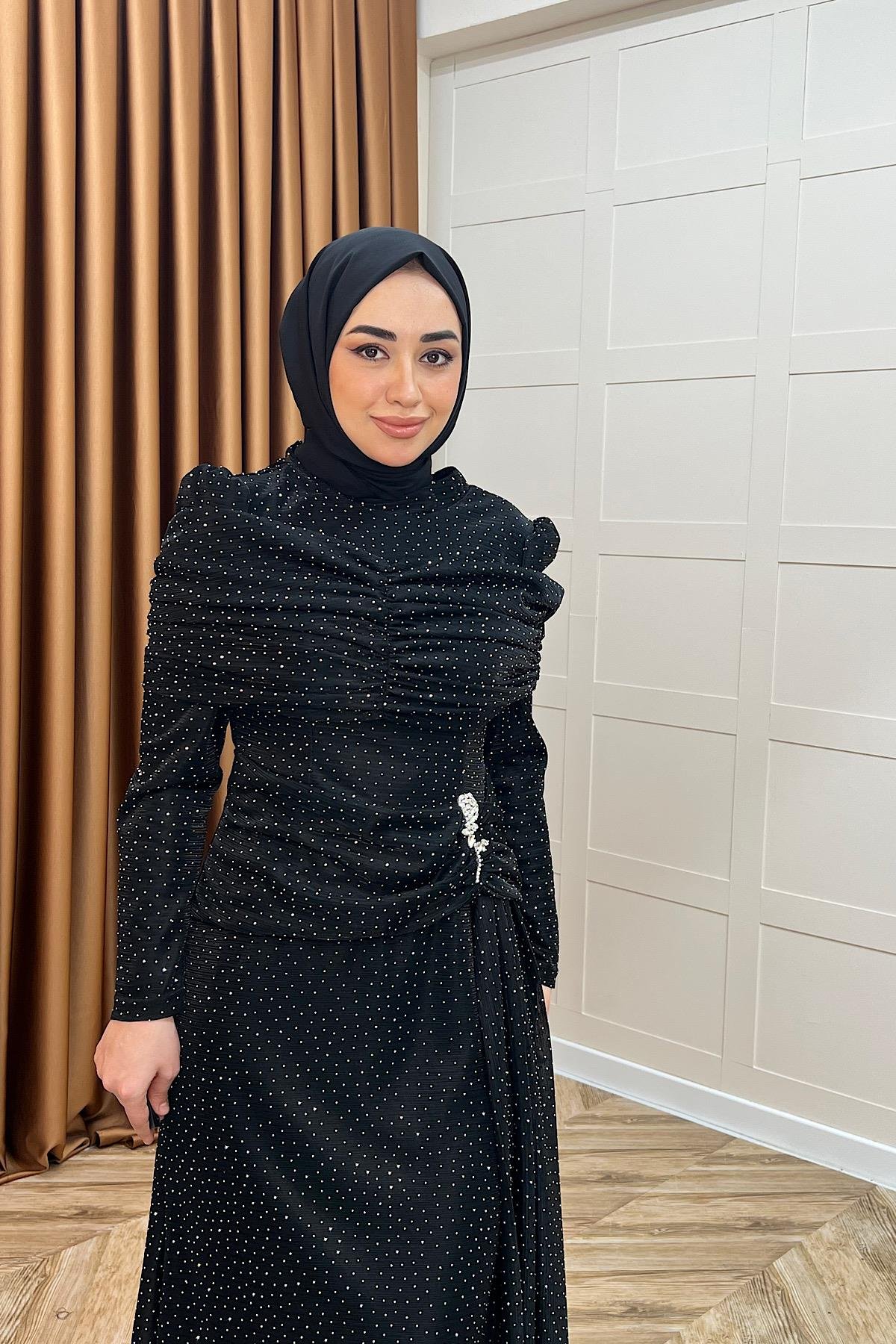 Helena Çiçek Taşlı Abiye Siyah