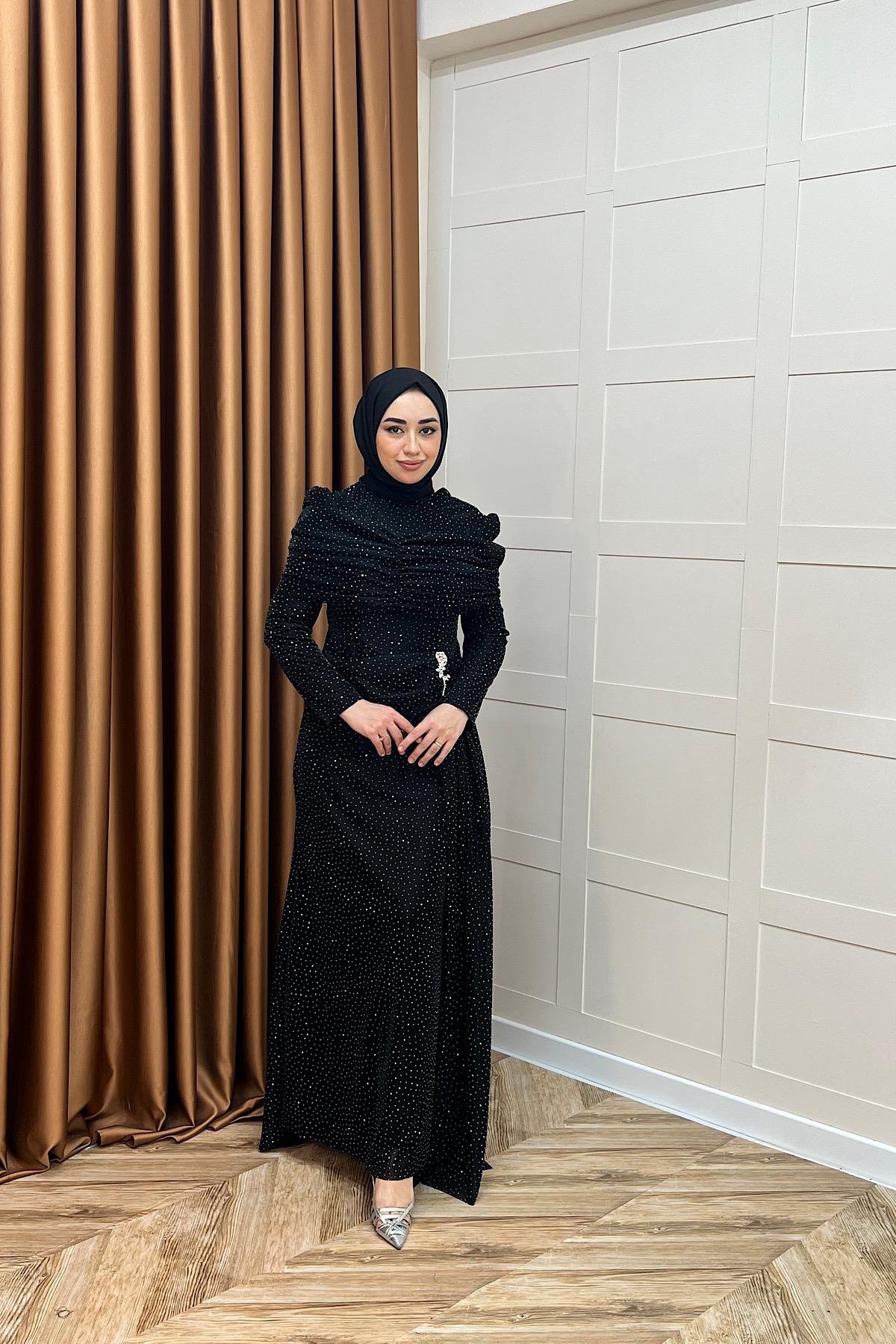 Helena Çiçek Taşlı Abiye Siyah