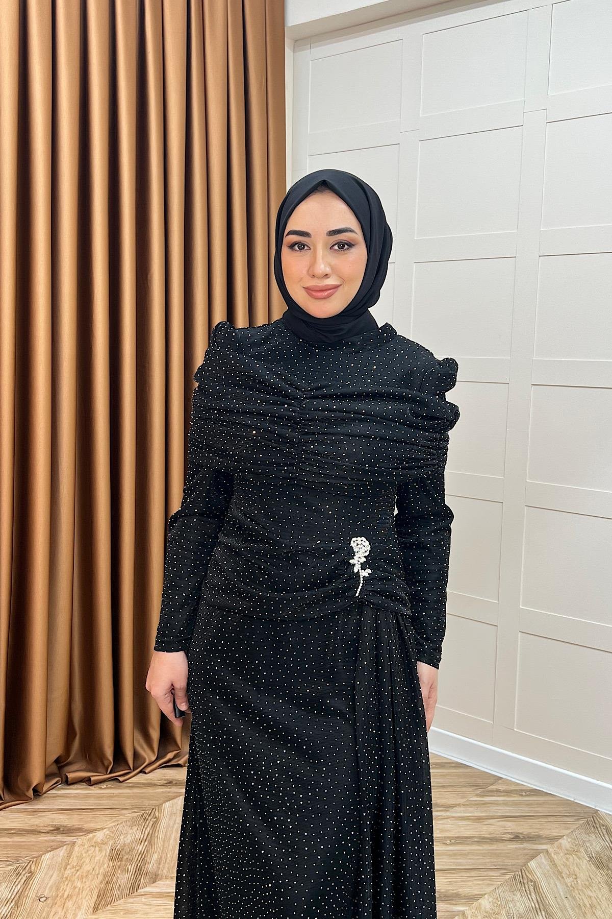 Helena Çiçek Taşlı Abiye Siyah