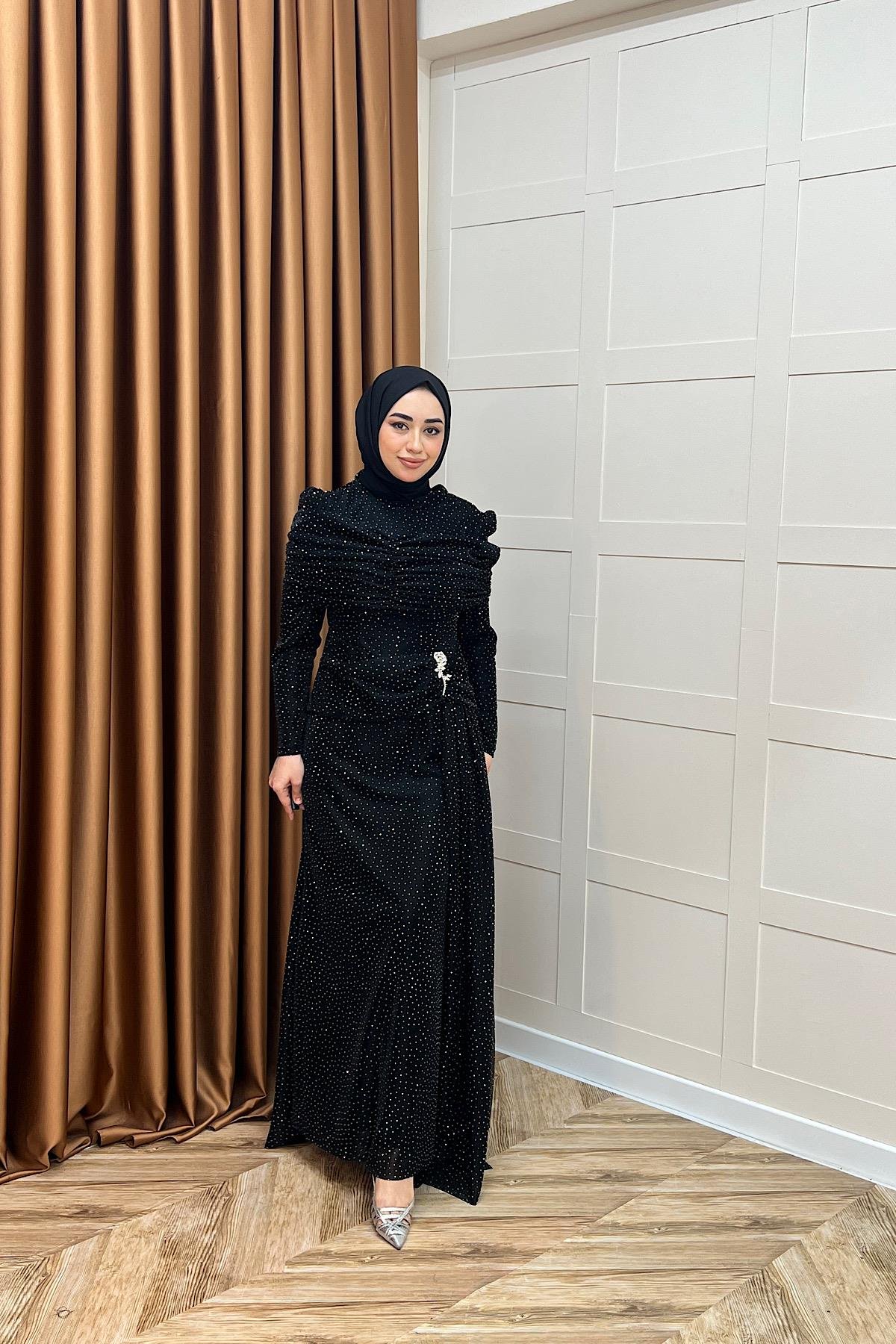 Helena Çiçek Taşlı Abiye Siyah