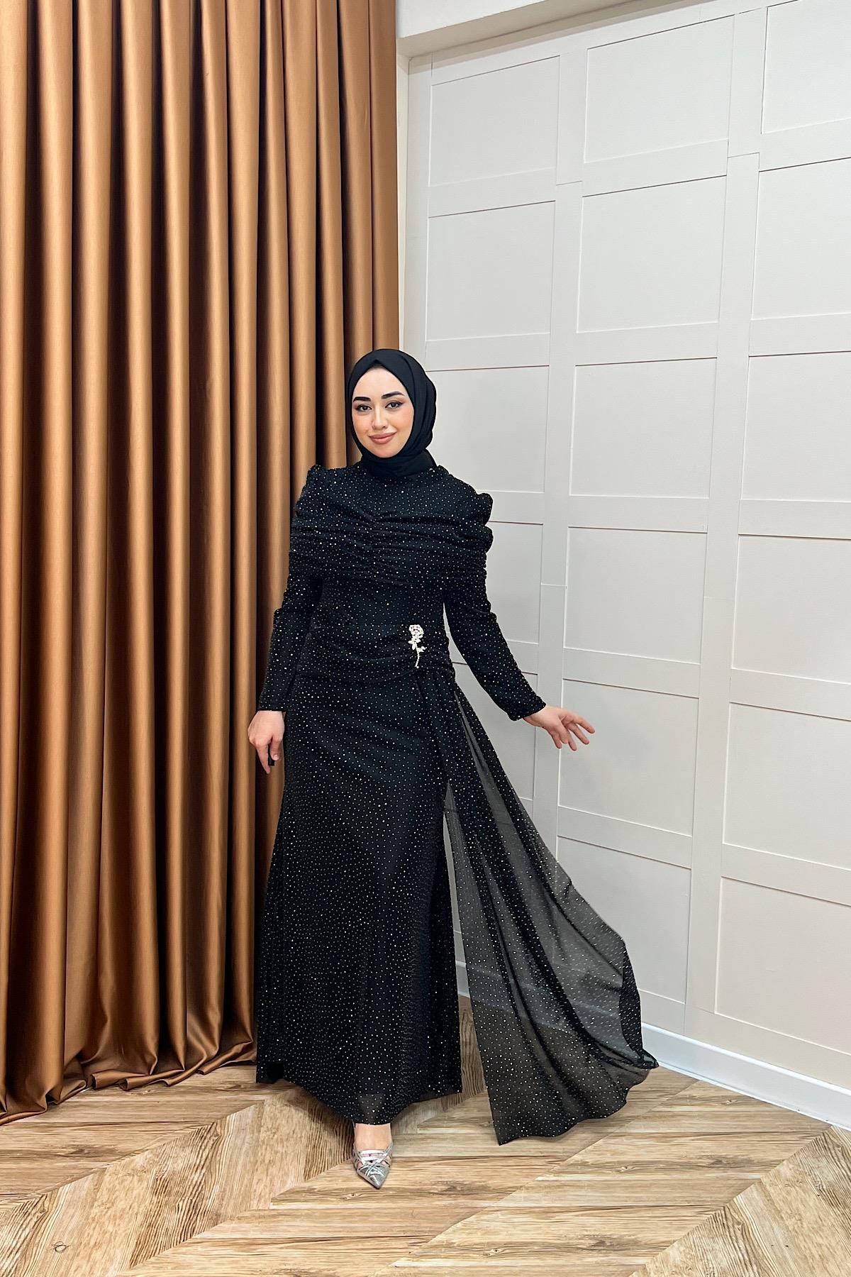 Helena Çiçek Taşlı Abiye Siyah