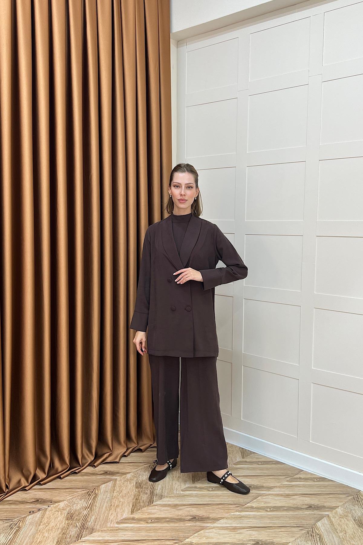 İkili Ceketli Tulum Kahverengi