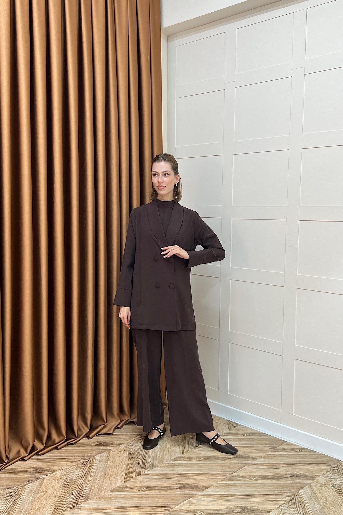 İkili Ceketli Tulum Kahverengi