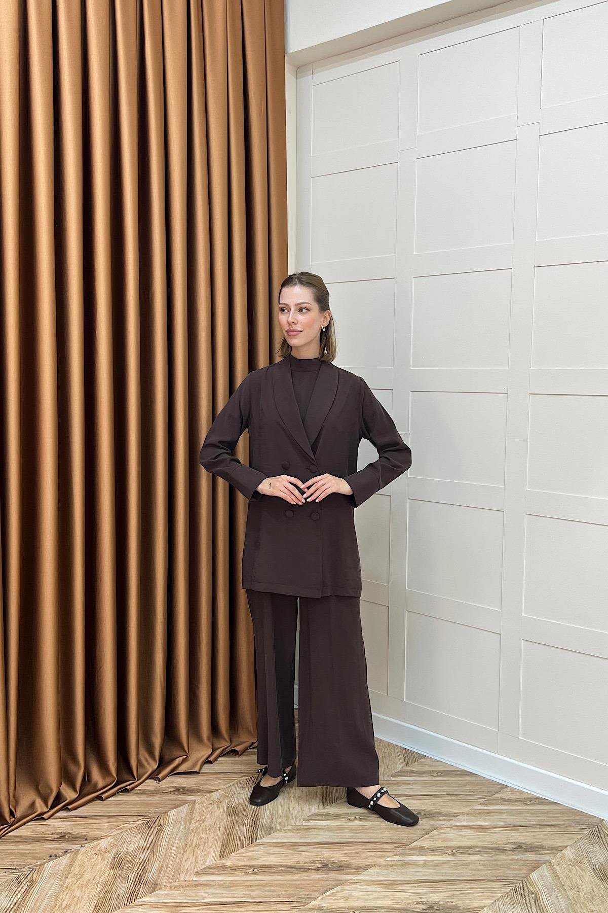 İkili Ceketli Tulum Kahverengi