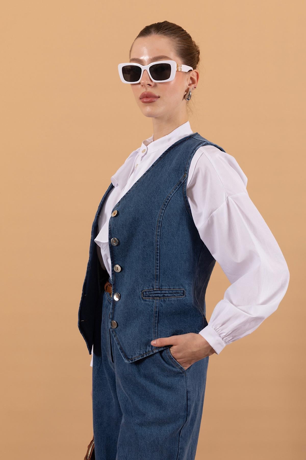 İkili Denim Yelek Takım Mavi