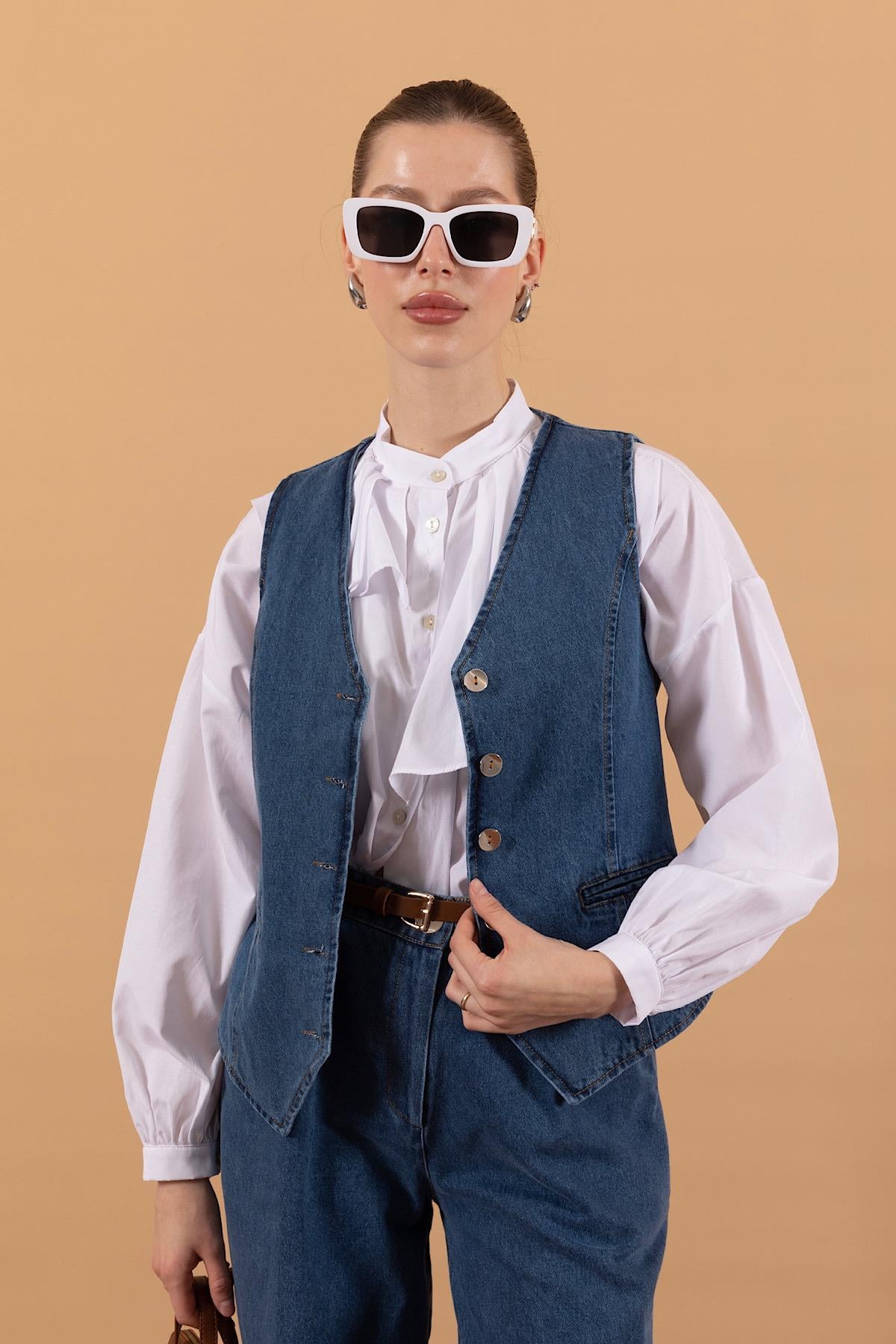 İkili Denim Yelek Takım Mavi