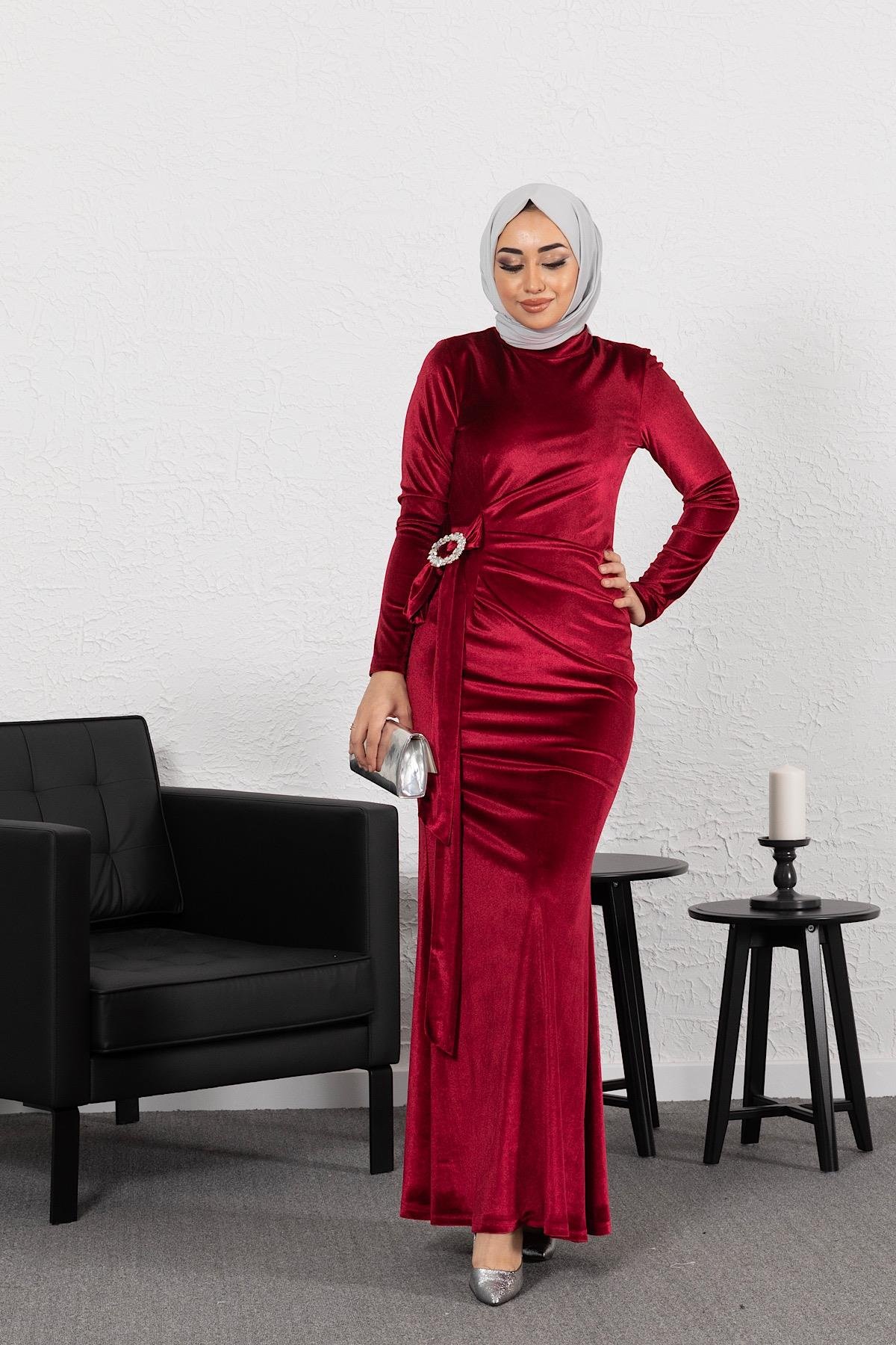 Kadife Balık Abiye Bordo