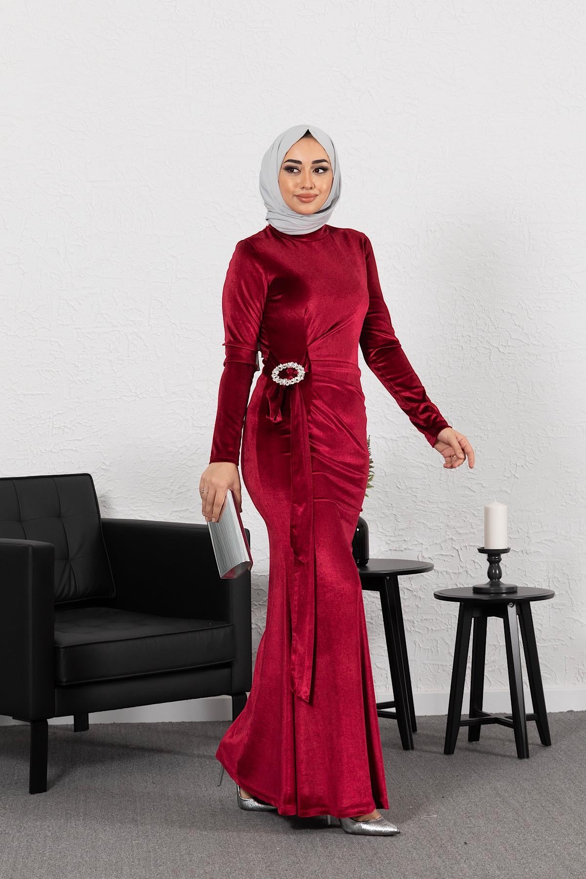 Kadife Balık Abiye Bordo