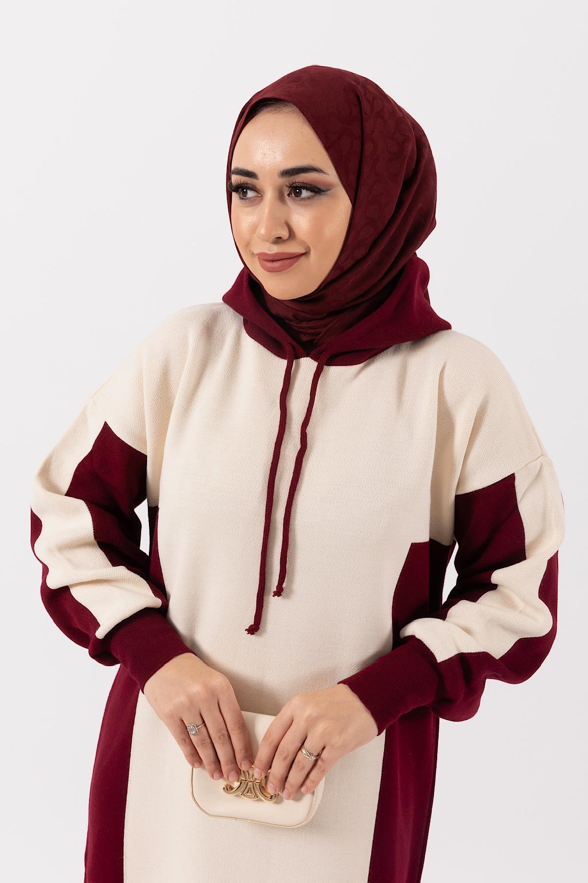 Kapüşonlu Örme Triko Elbise Bordo