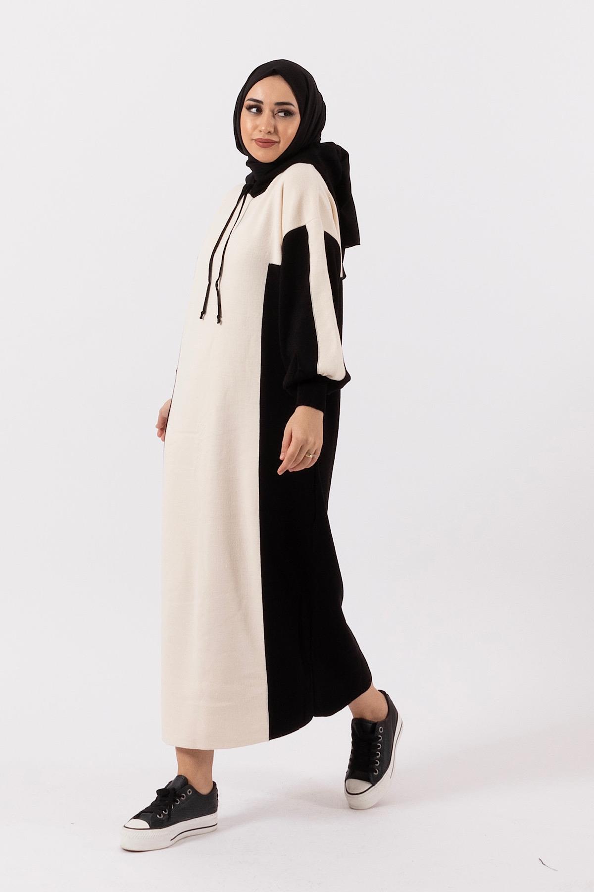 Kapüşonlu Örme Triko Elbise Siyah