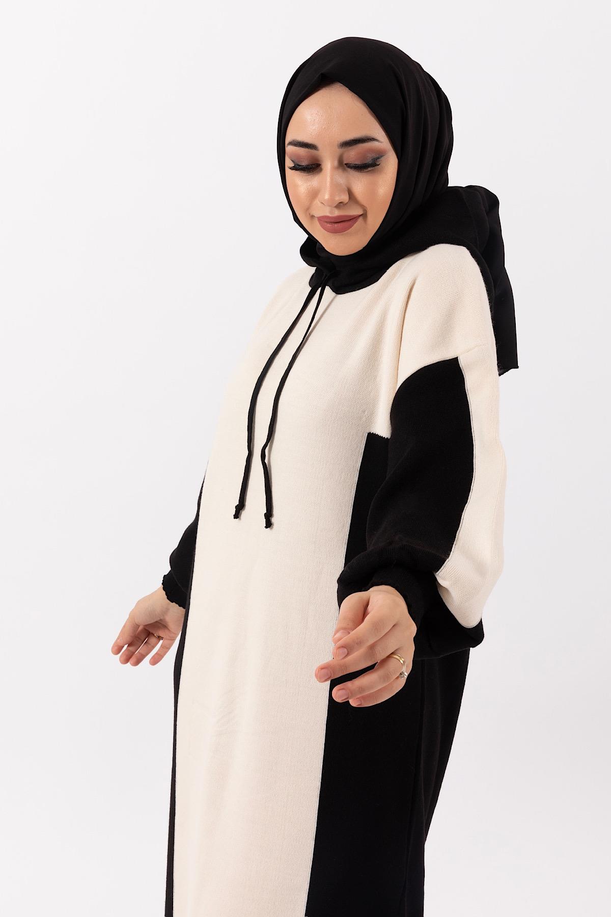 Kapüşonlu Örme Triko Elbise Siyah