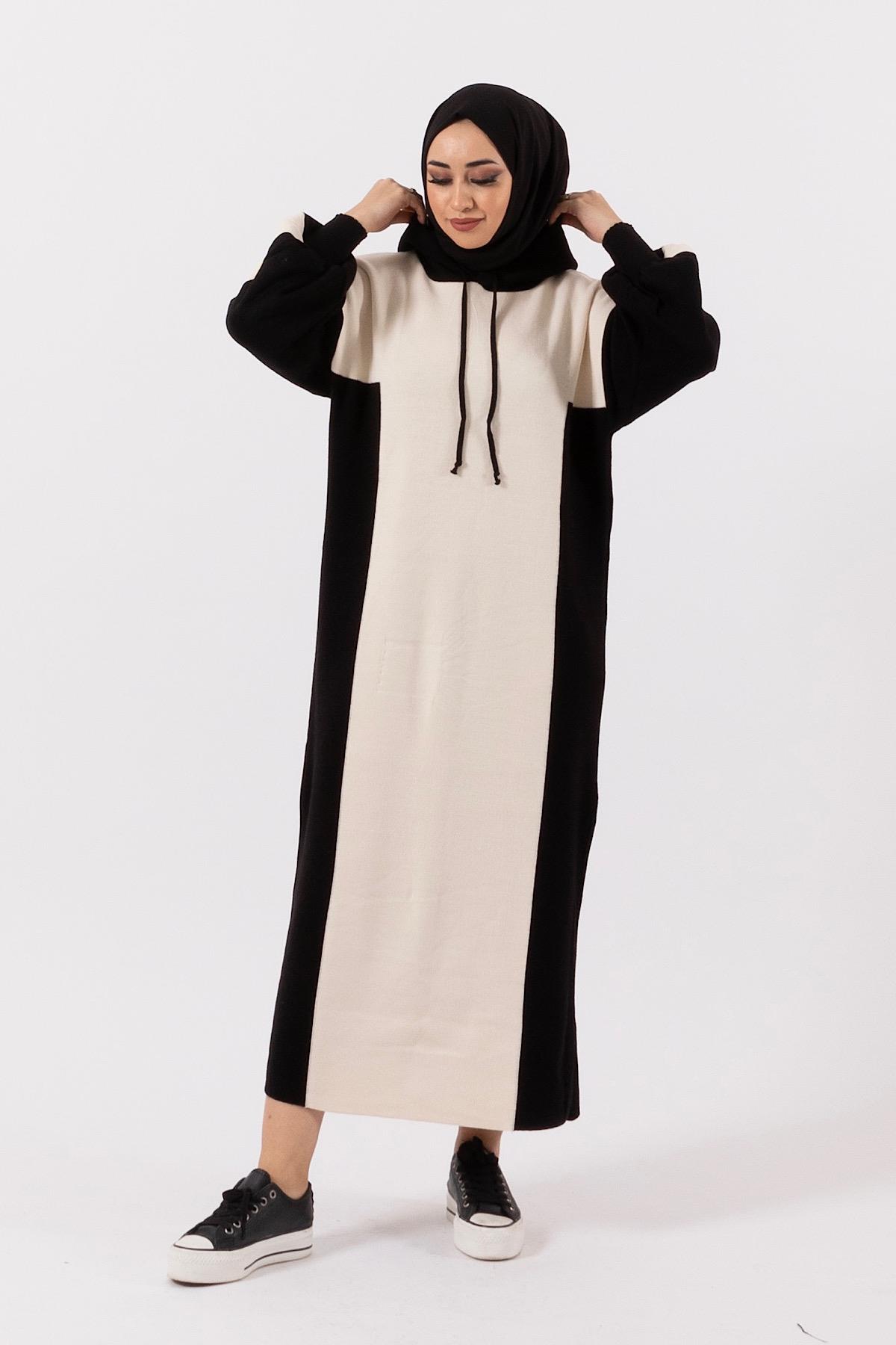 Kapüşonlu Örme Triko Elbise Siyah