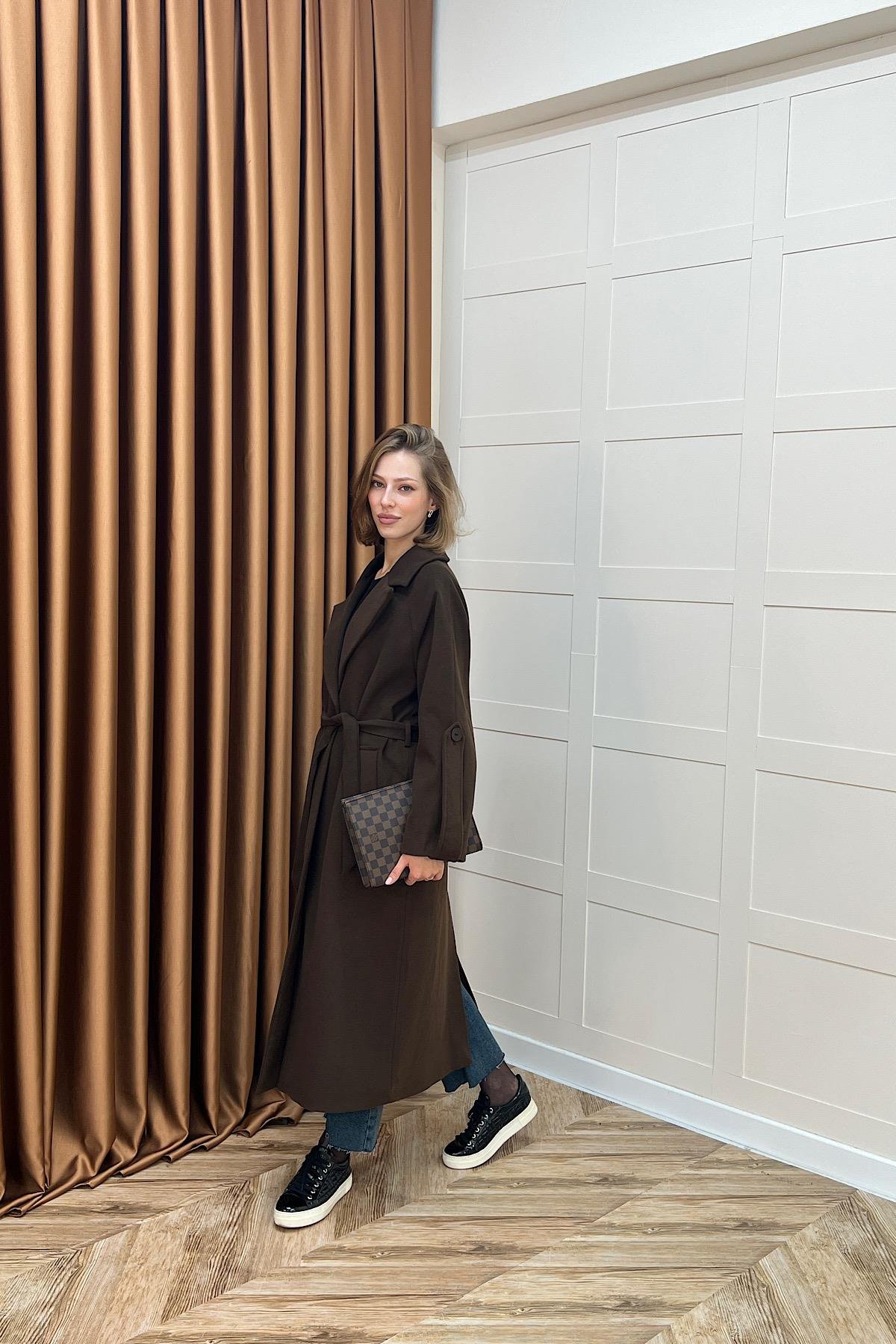 Kol Detay Kaşe Kaban Kahverengi