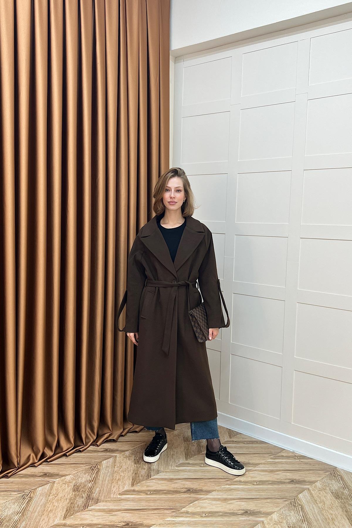 Kol Detay Kaşe Kaban Kahverengi