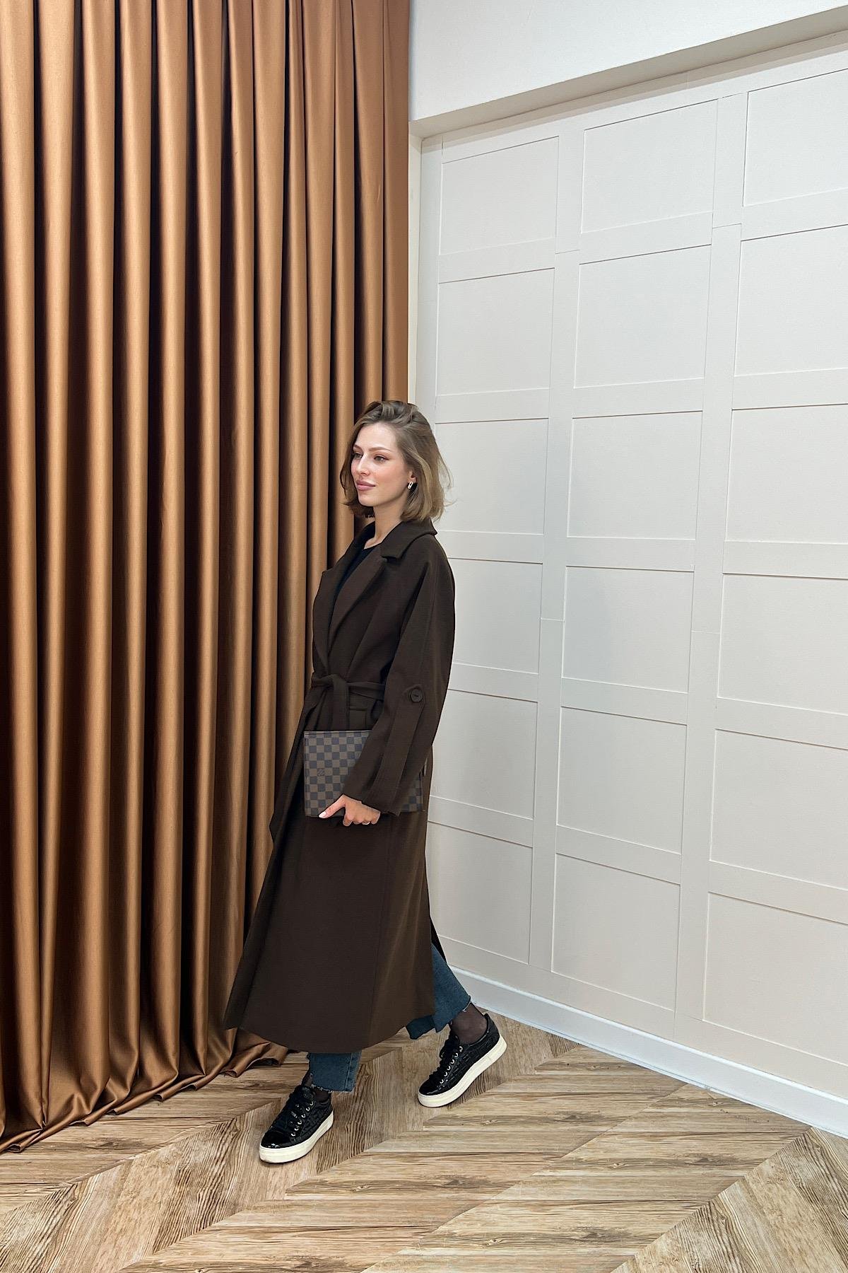 Kol Detay Kaşe Kaban Kahverengi