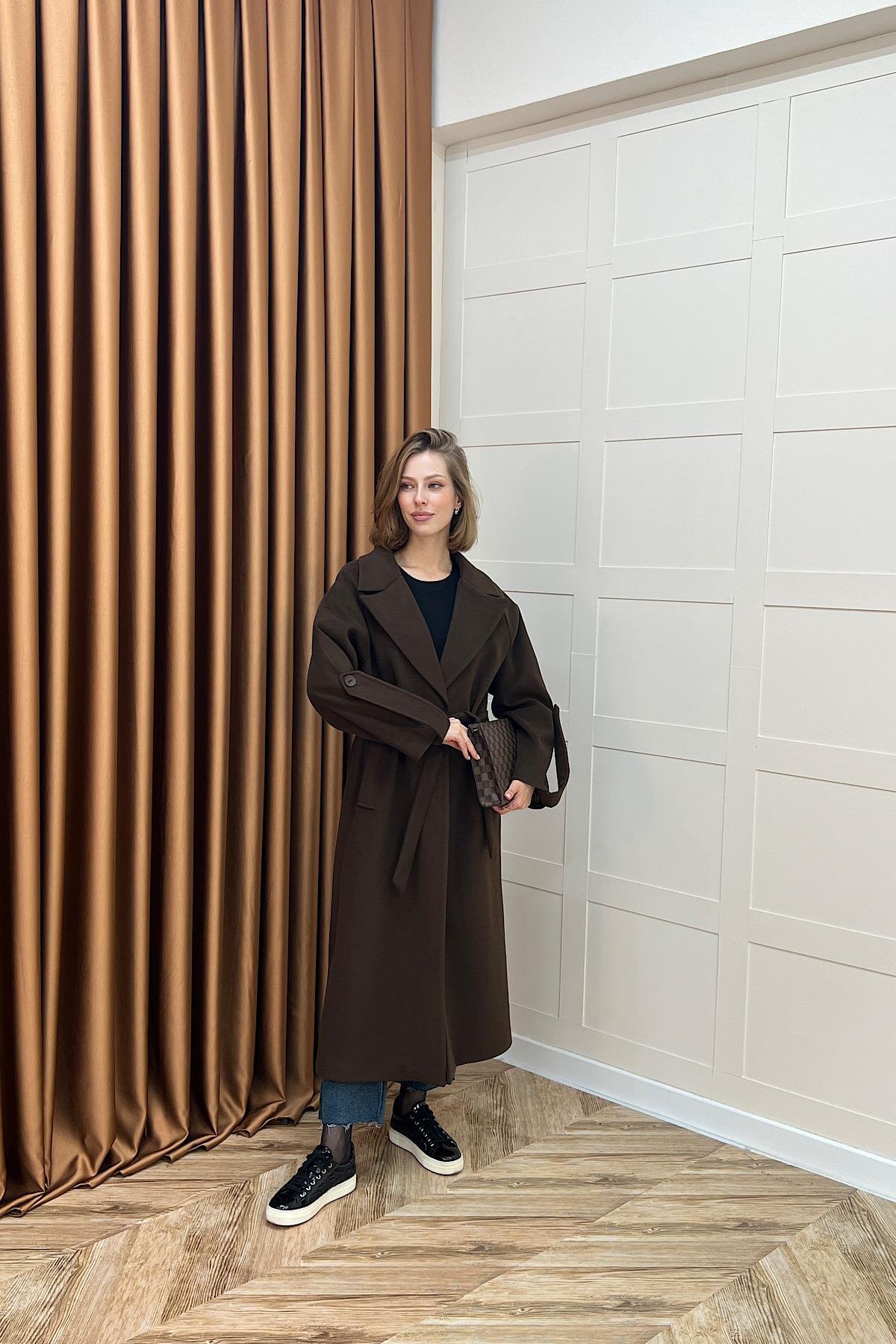 Kol Detay Kaşe Kaban Kahverengi