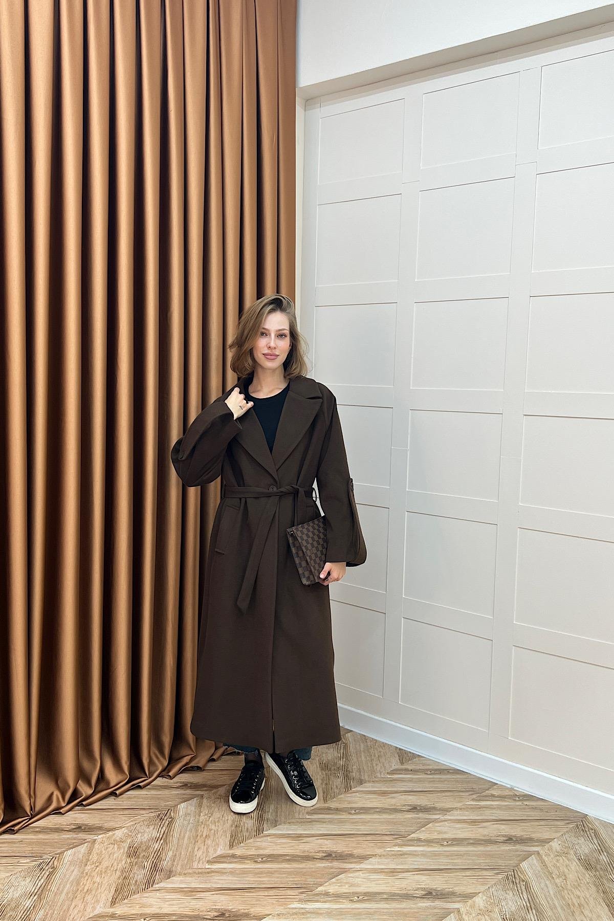 Kol Detay Kaşe Kaban Kahverengi