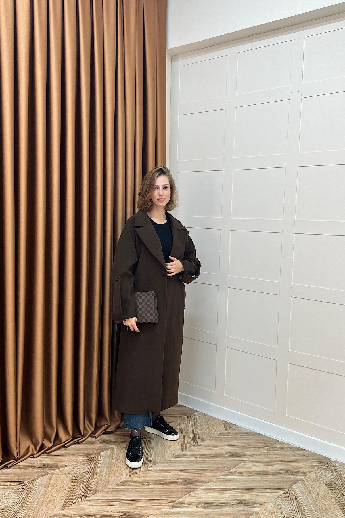 Kol Detay Kaşe Kaban Kahverengi