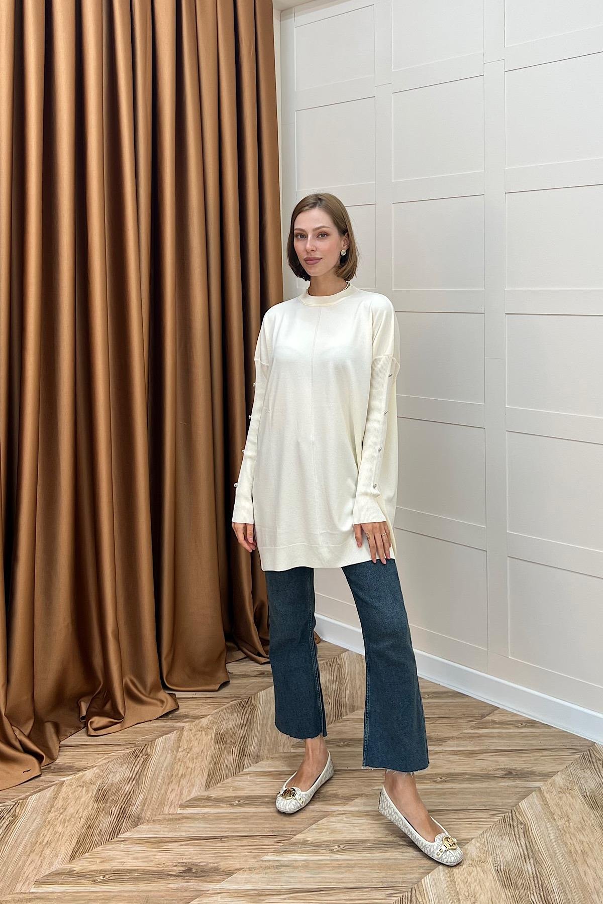 Kol Düğmeli Triko Tunik Ekru