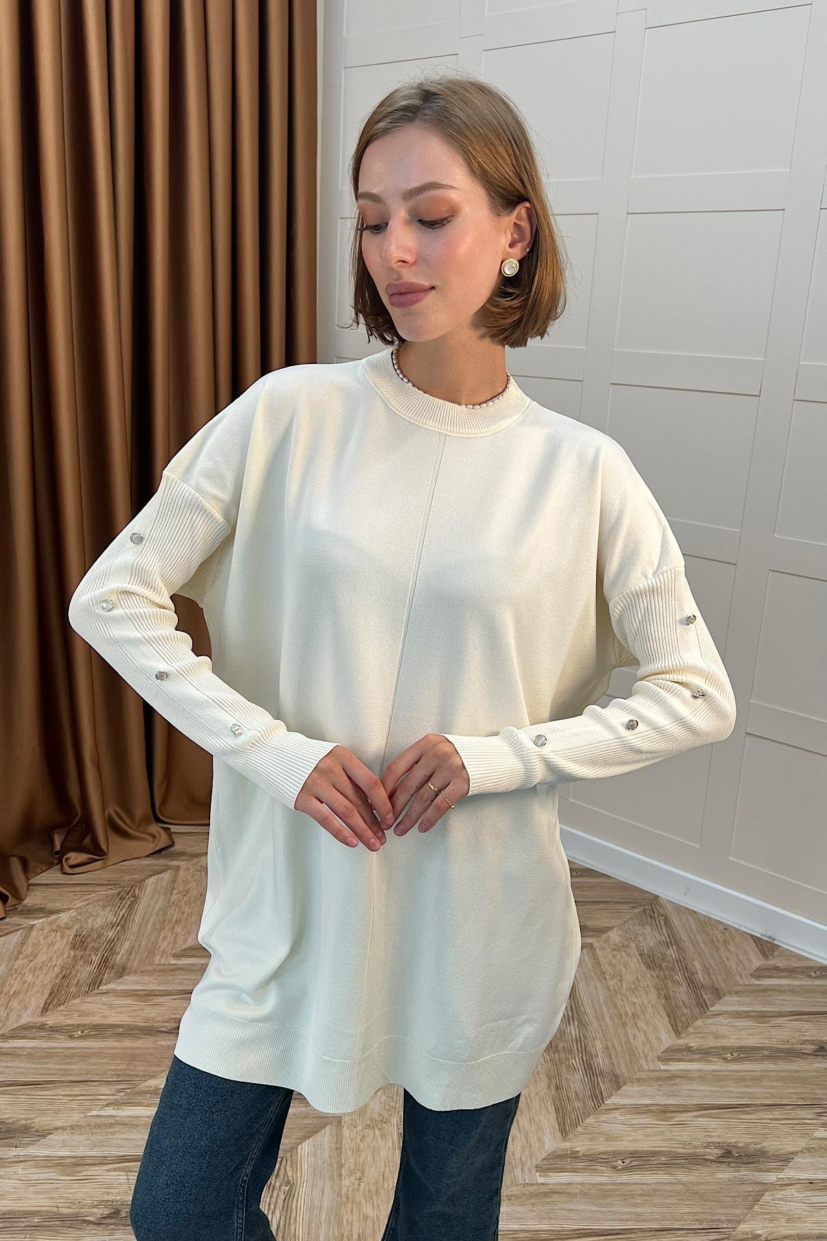 Kol Düğmeli Triko Tunik Ekru