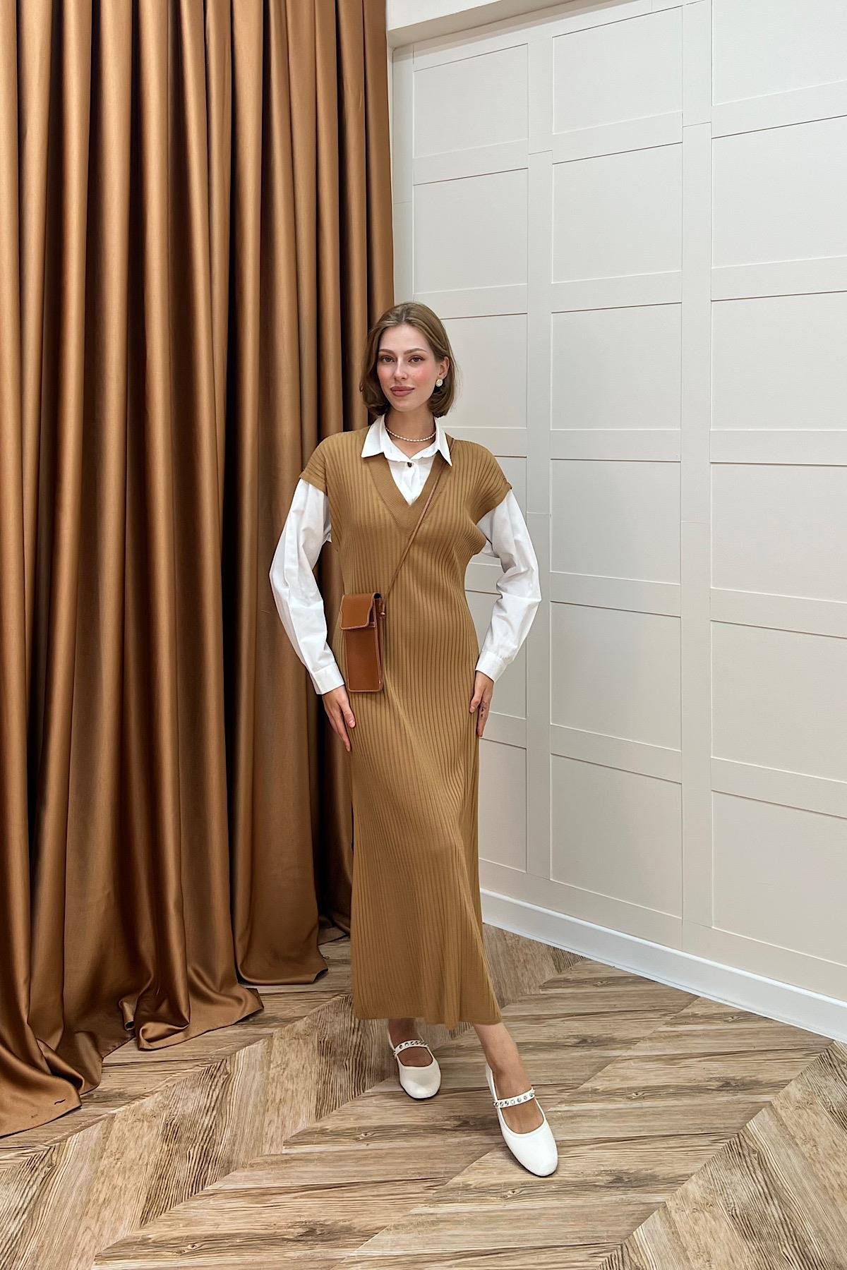 Kol Yaka Gömlekli Triko Elbise Camel