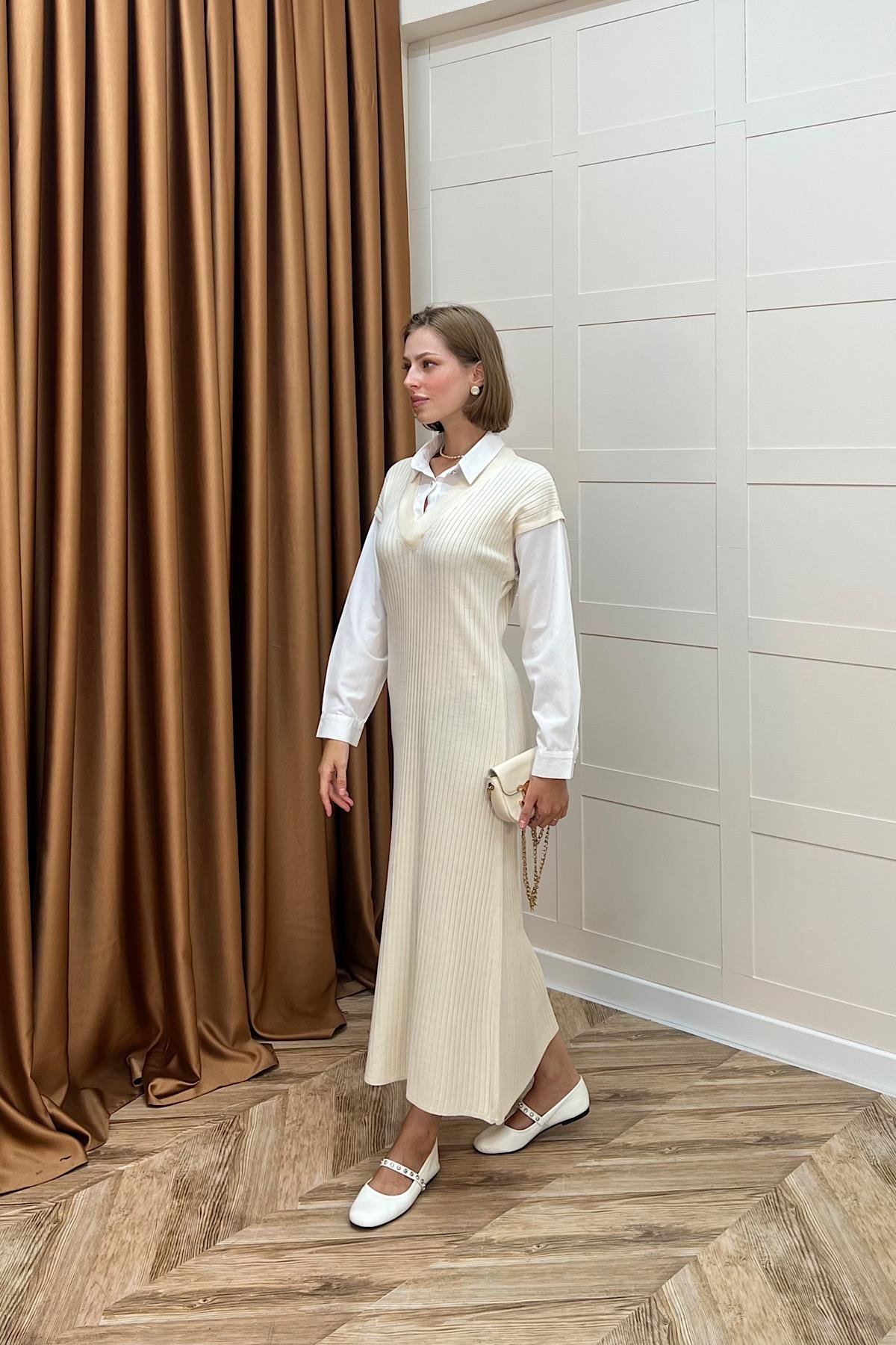 Kol Yaka Gömlekli Triko Elbise Taş