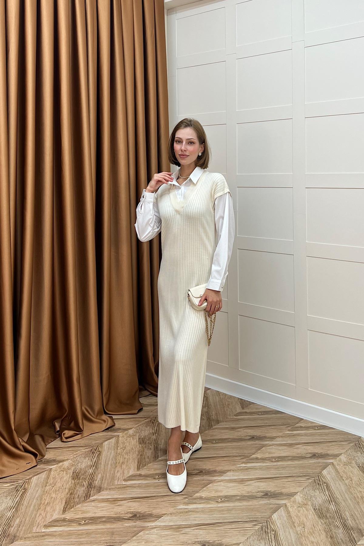 Kol Yaka Gömlekli Triko Elbise Taş