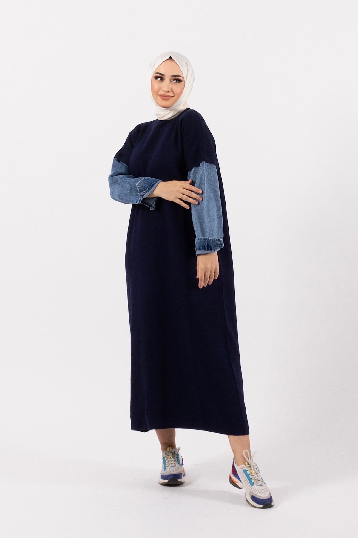 Kolları Kot Detay Örme Elbise Lacivert