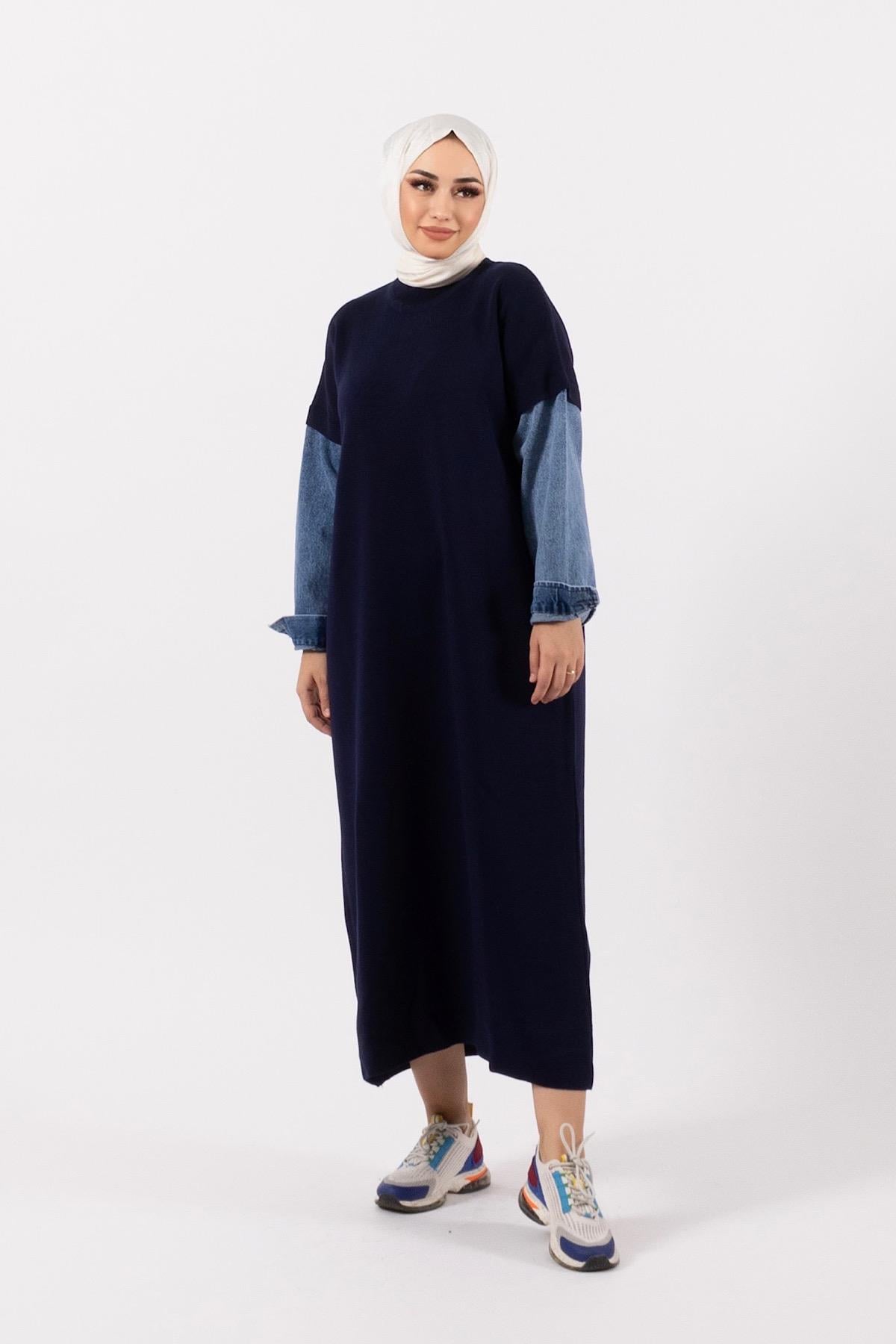 Kolları Kot Detay Örme Elbise Lacivert