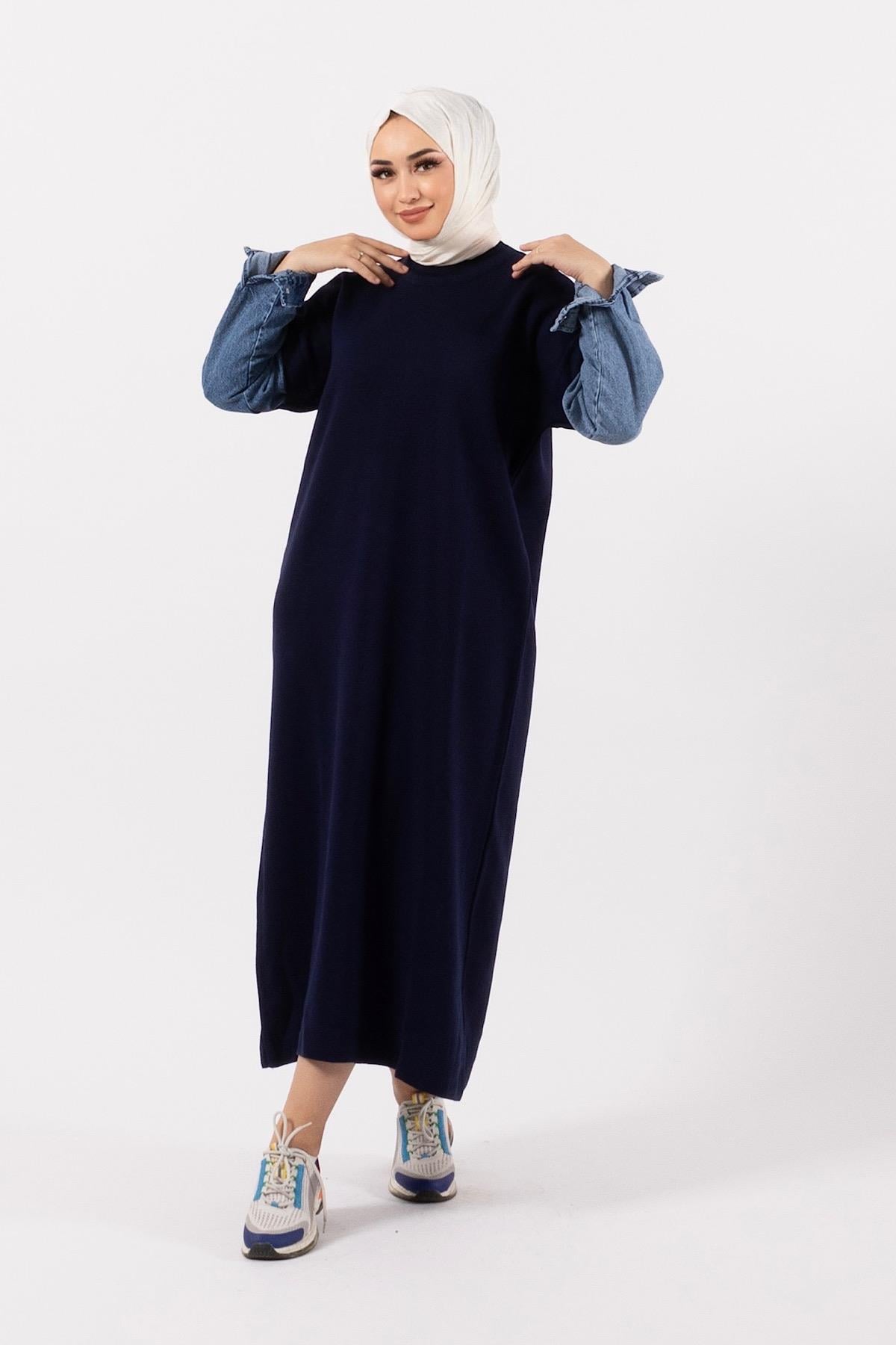 Kolları Kot Detay Örme Elbise Lacivert