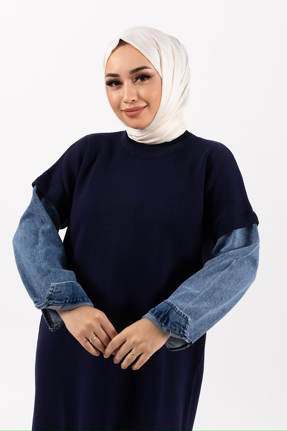 Kolları Kot Detay Örme Elbise Lacivert