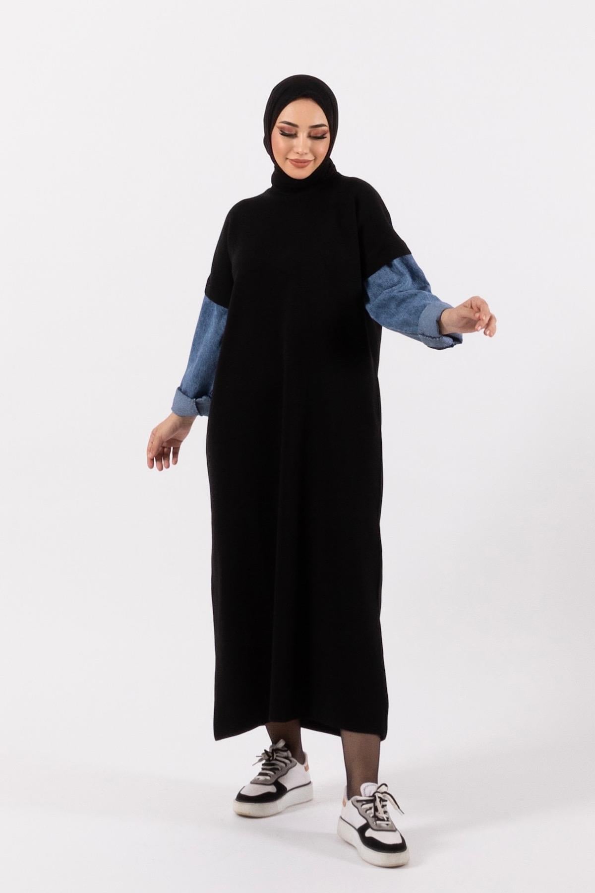 Kolları Kot Detay Örme Elbise Siyah